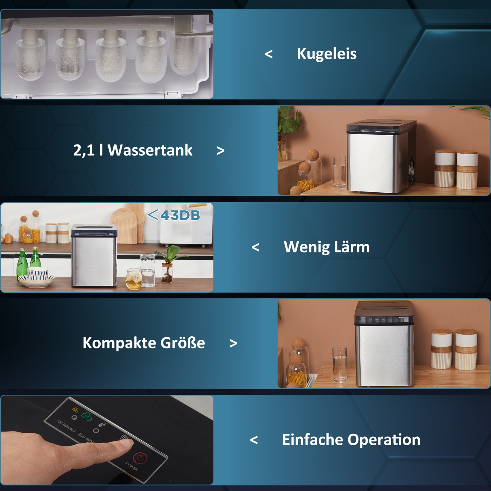 Ein Eisbereiter mit Funktionen wie Eiswürfeln, Wassertank und geringer Geräuschentwicklung.