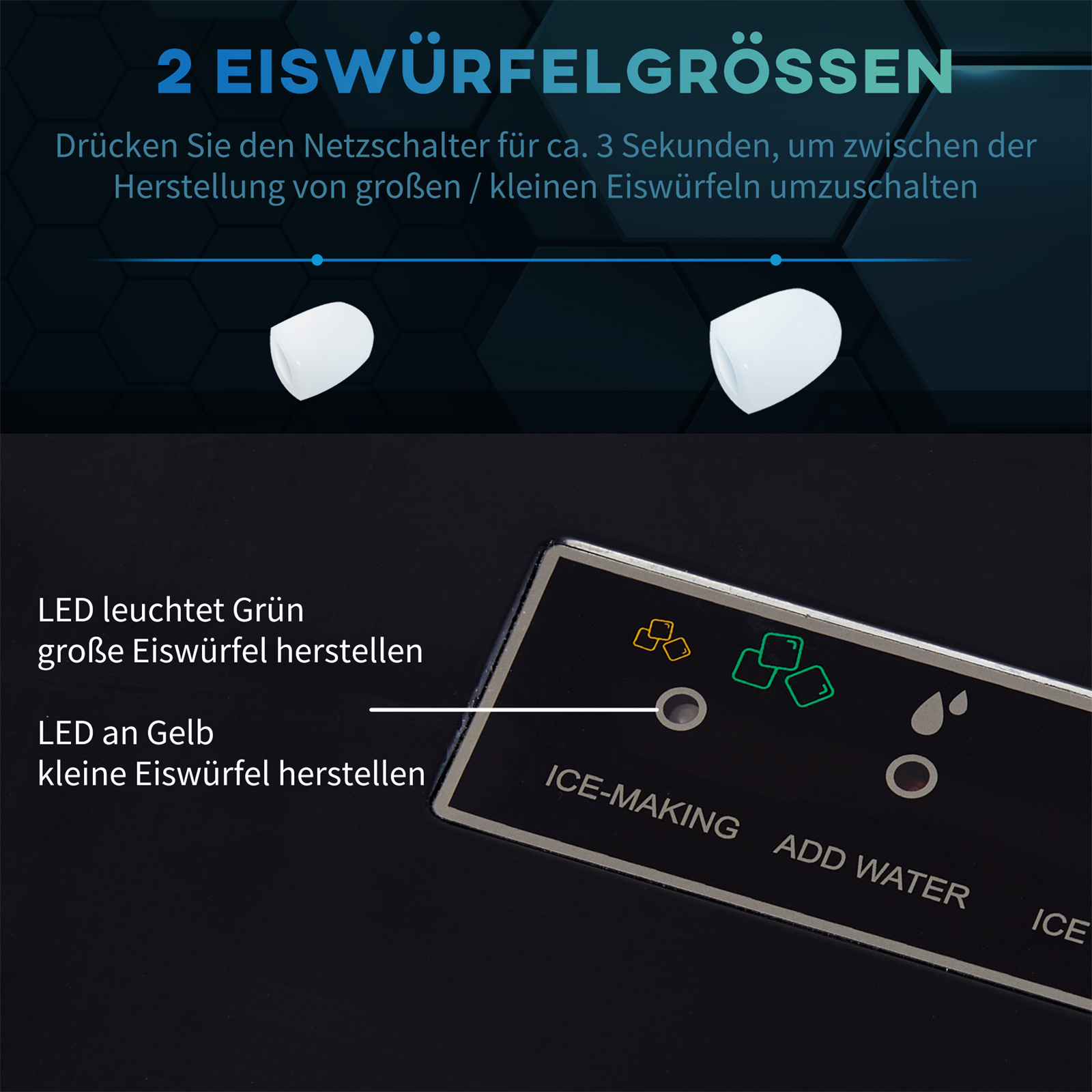 Nahaufnahme des Bedienfelds eines Eismaschinen. Es zeigt Tasten und Anzeigen für Eisgröße und Herstellung.
