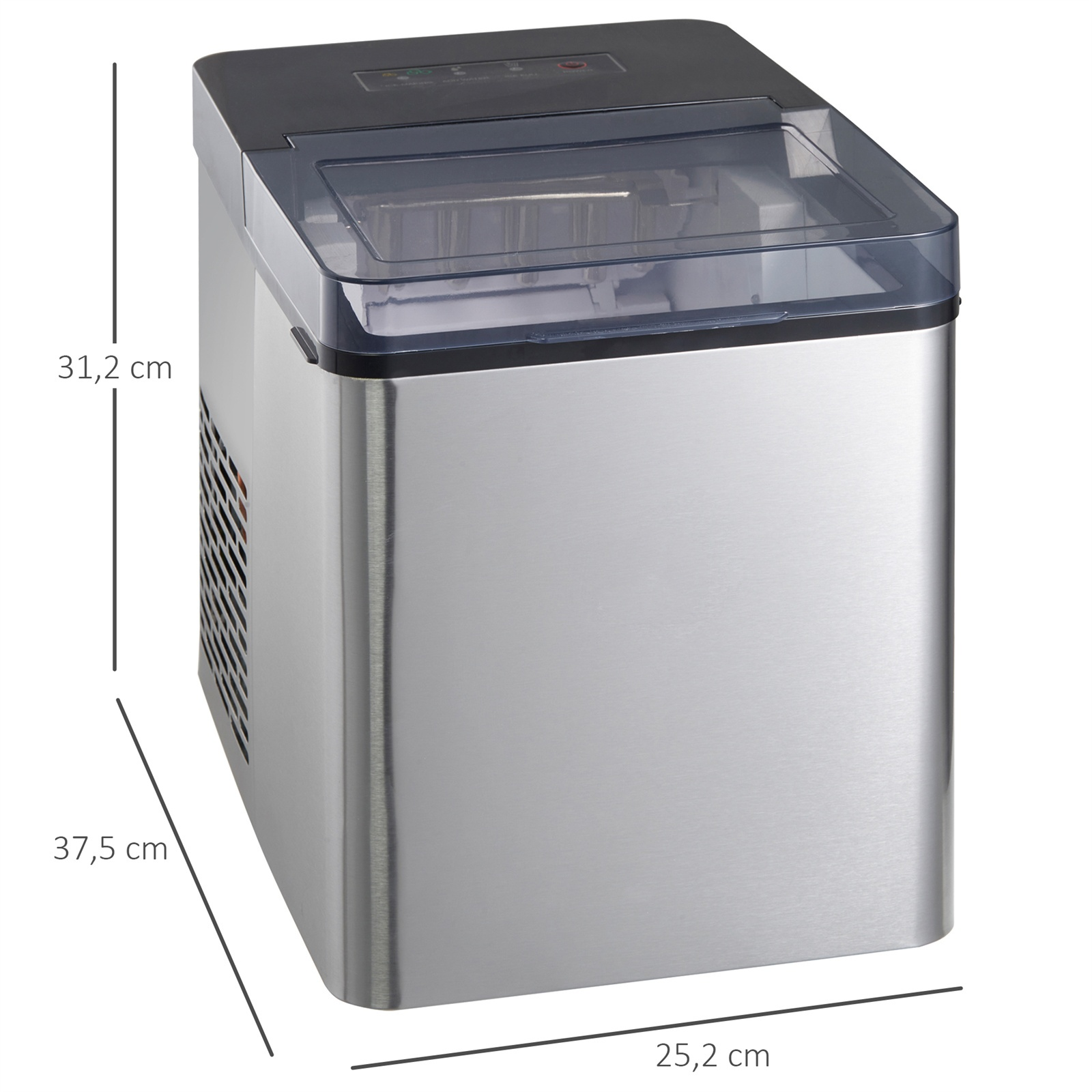 Silberner Eisbereiter mit transparentem Deckel. Abmessungen in cm: 37,5x25,2x31,2.