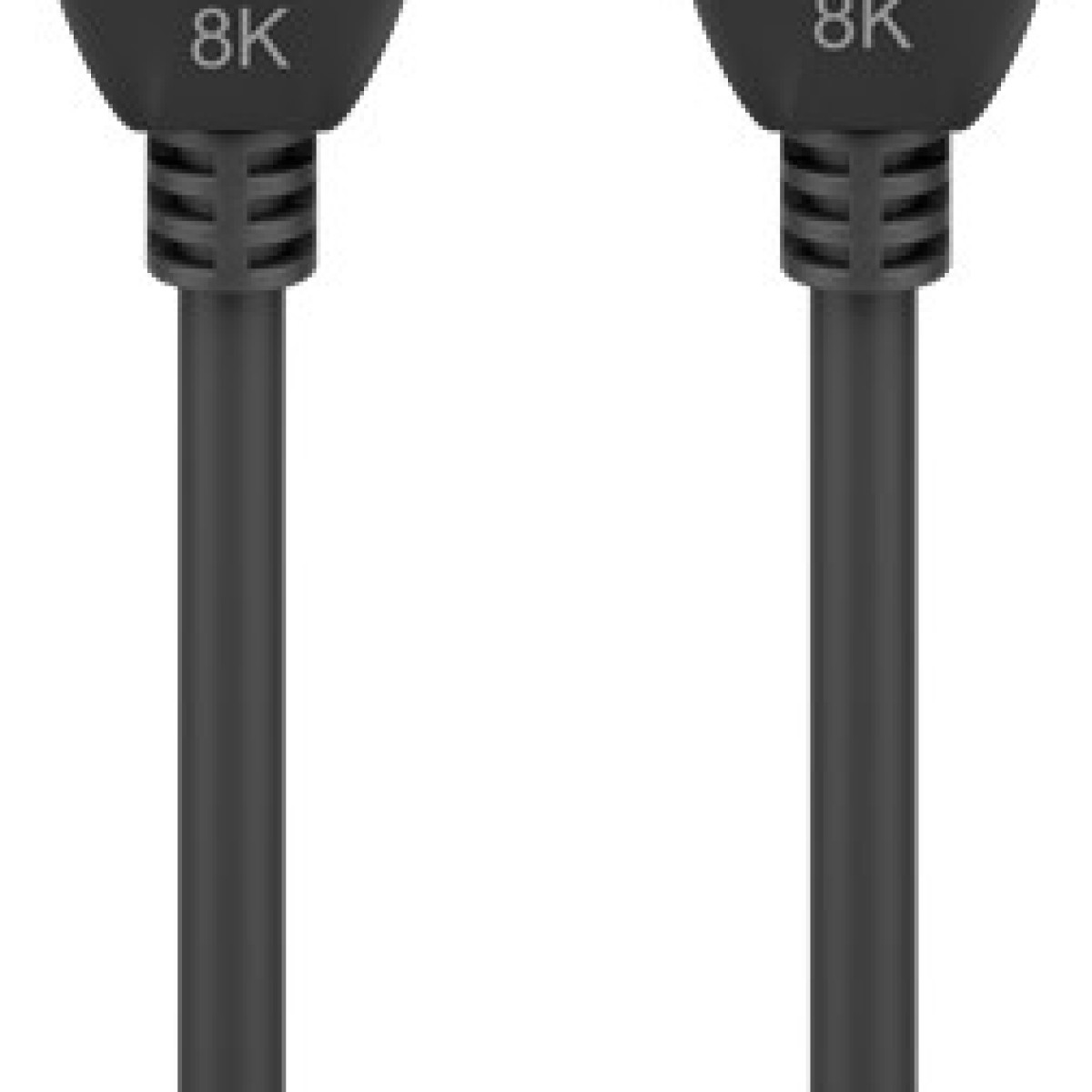 Close-up van twee zwarte HDMI-kabels met 8K-labels, zwarte achtergrond.