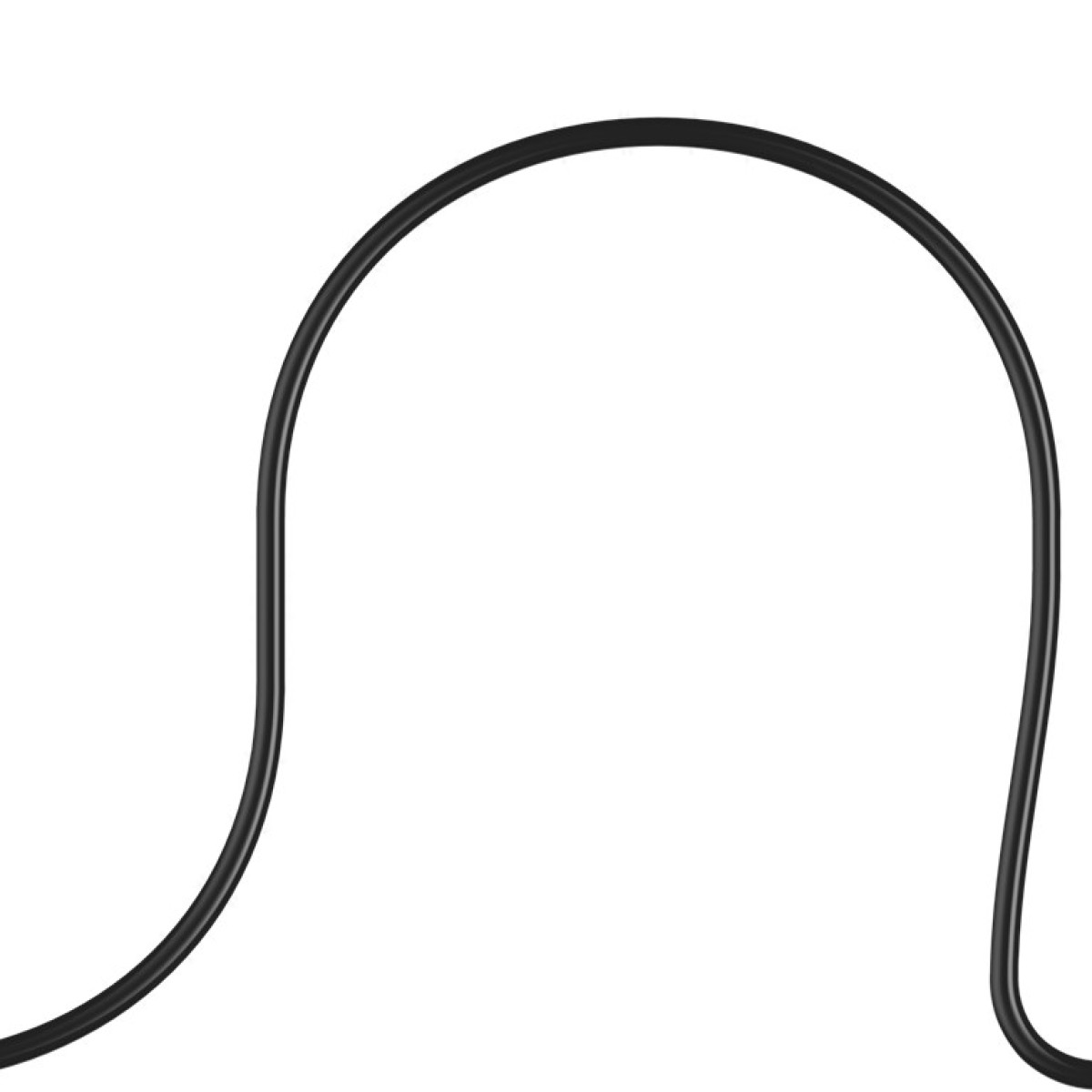 Een zwarte, gebogen kabel tegen een witte achtergrond, die een boog vormt.