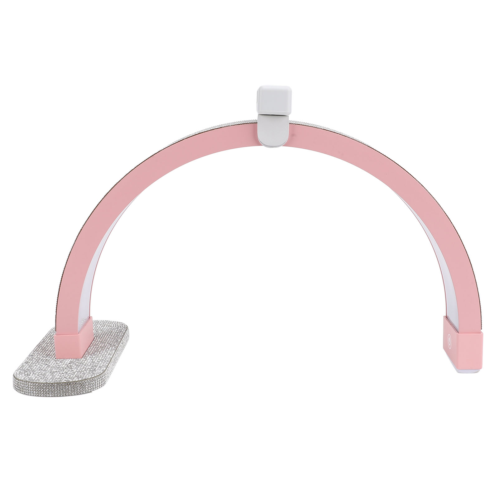Rosa, bogenförmige Lampe mit Kristallfuß und verstellbarem weißen Halter.