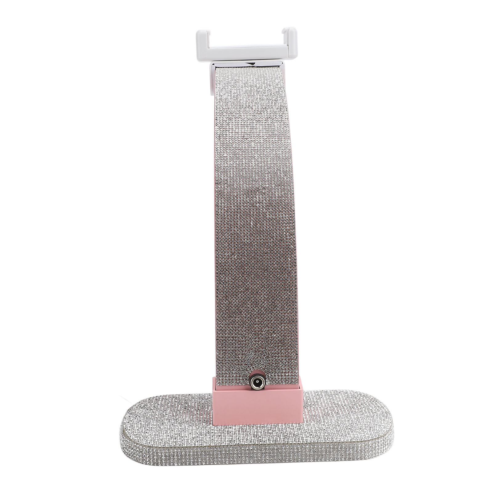 Silberner Telefonständer mit rosa Basis, diamantbesetzter Halterung und weißer Telefonhalterung.