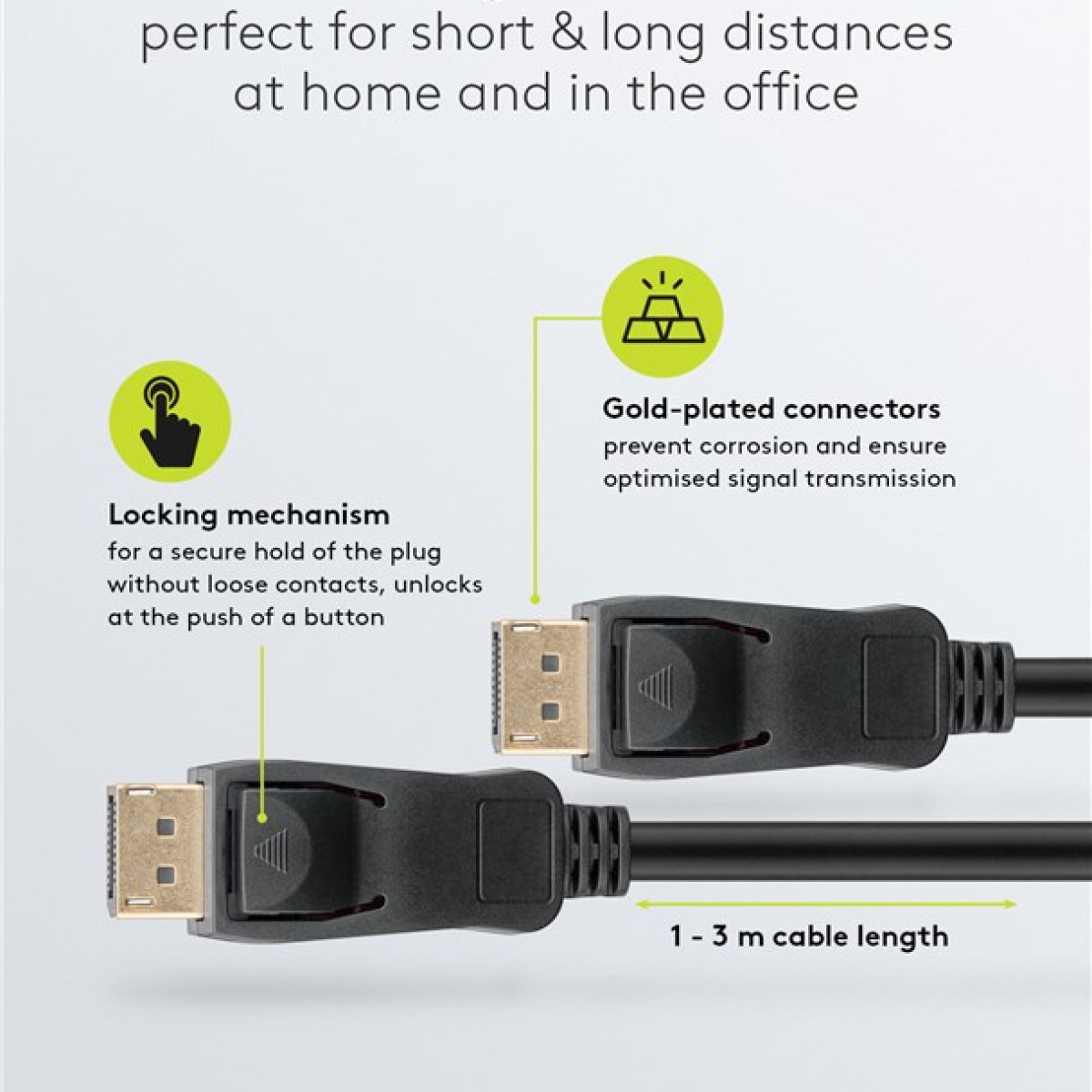 Schemat z kablami, złączami i tekstem. Czarne kable ze pozłacanymi złączami. Białe tło.