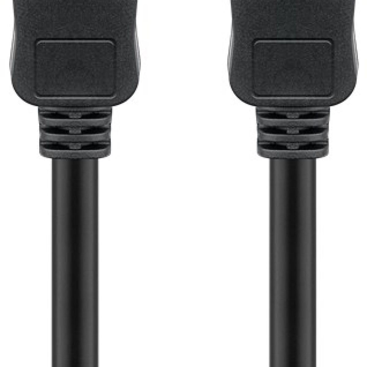 Nahaufnahme von zwei schwarzen HDMI-Kabeln. Weißer Hintergrund.