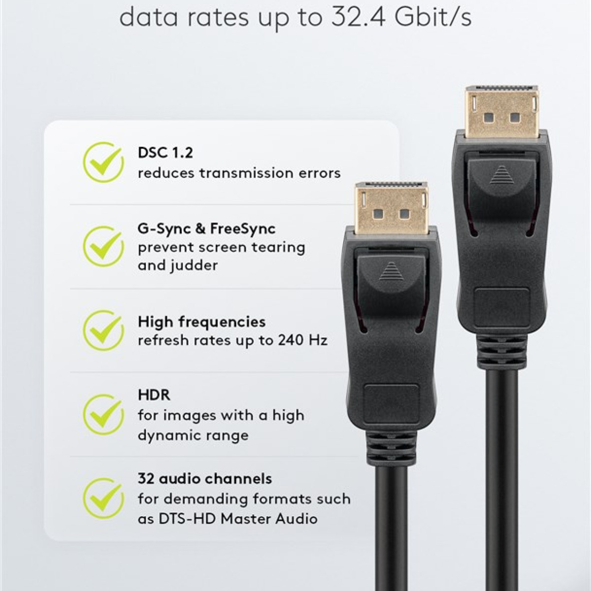 Czarne kable DisplayPort ze złotymi złączami, z tekstem o funkcjach, niebieskie tło.