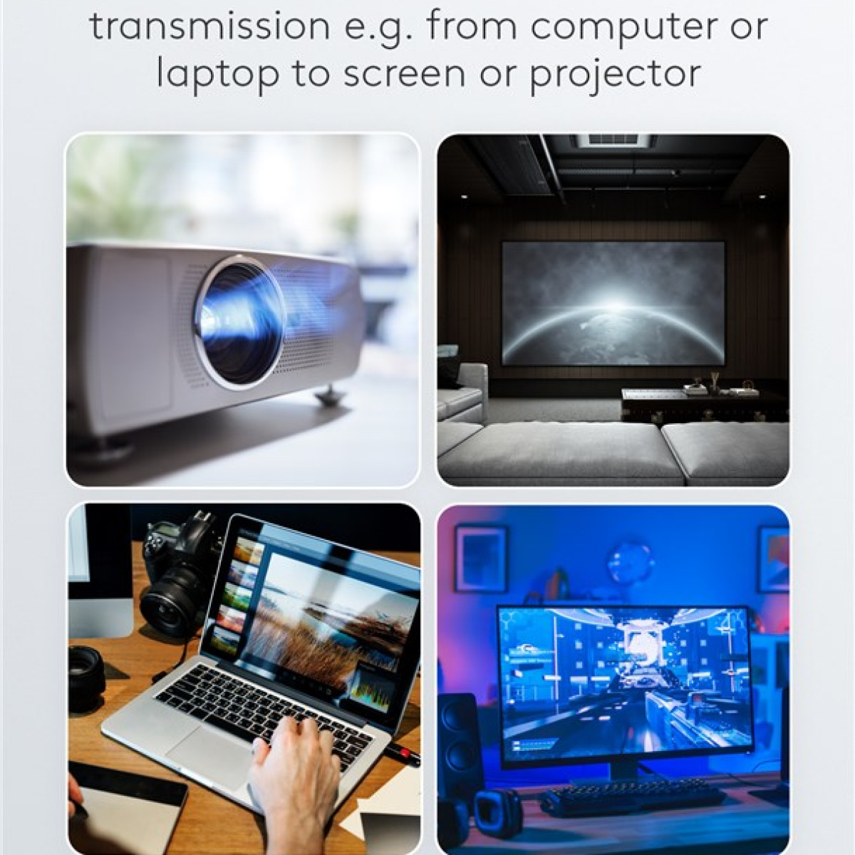 Kolaż zdjęć przedstawiających projektor, ekran, laptop i ekran komputera.