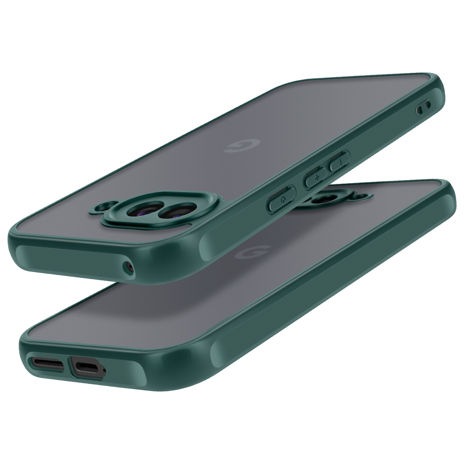Zwei grüne Telefonhüllen, eine zeigt Knöpfe und Kameradetails, auf Weiß.