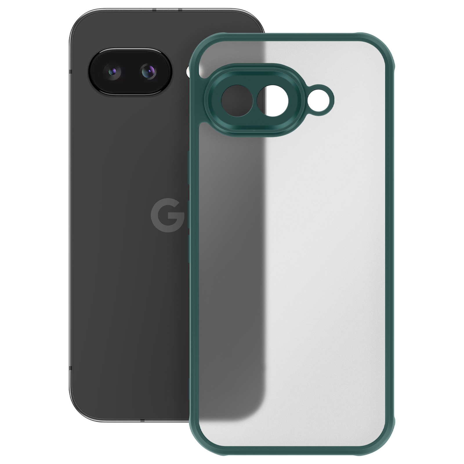 Schwarzes Telefon mit klarer Hülle. Die Hülle ist dunkelgrün. Ein Google-Logo ist sichtbar.