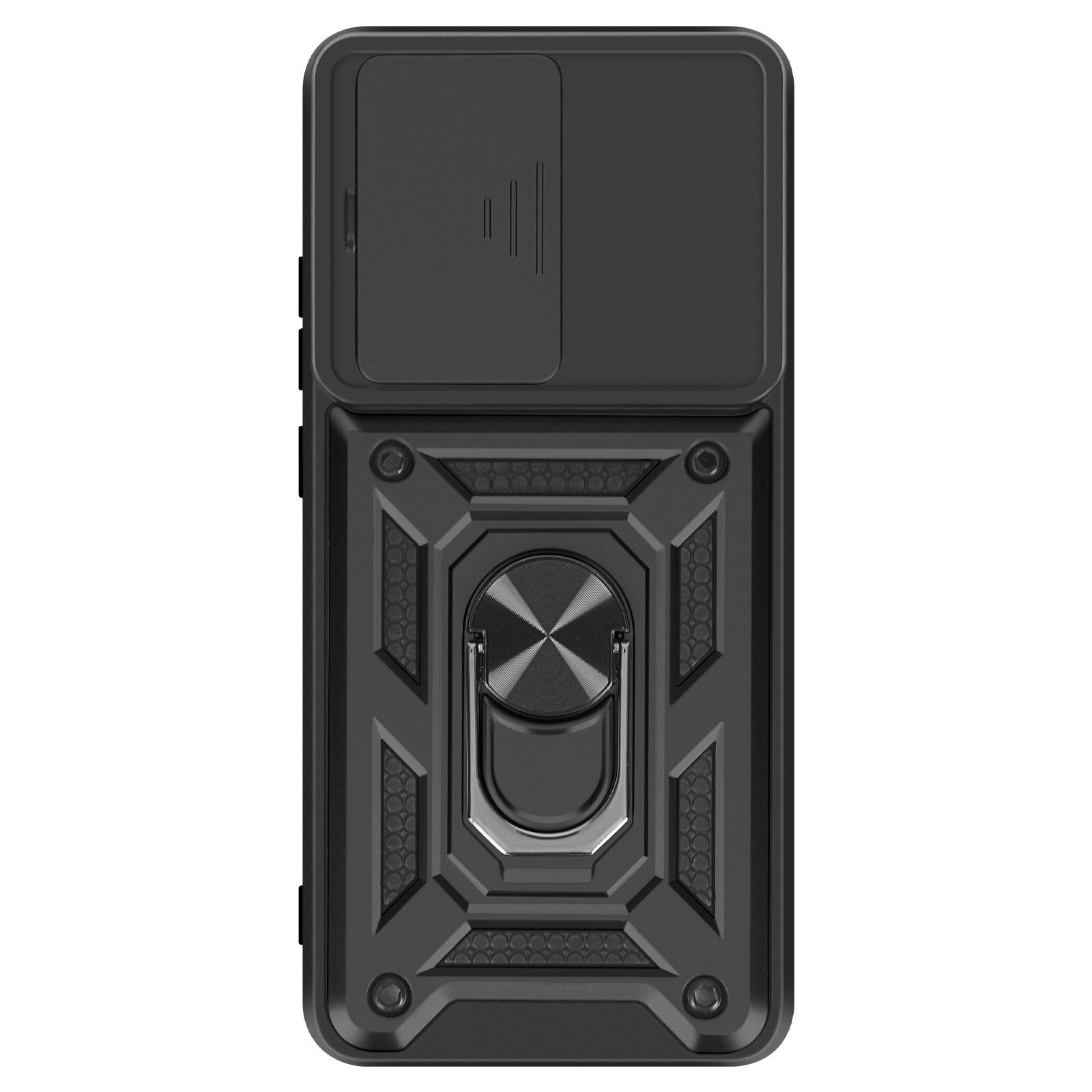 Custodia per telefono nera con copertura scorrevole e supporto ad anello. Ha un design geometrico.