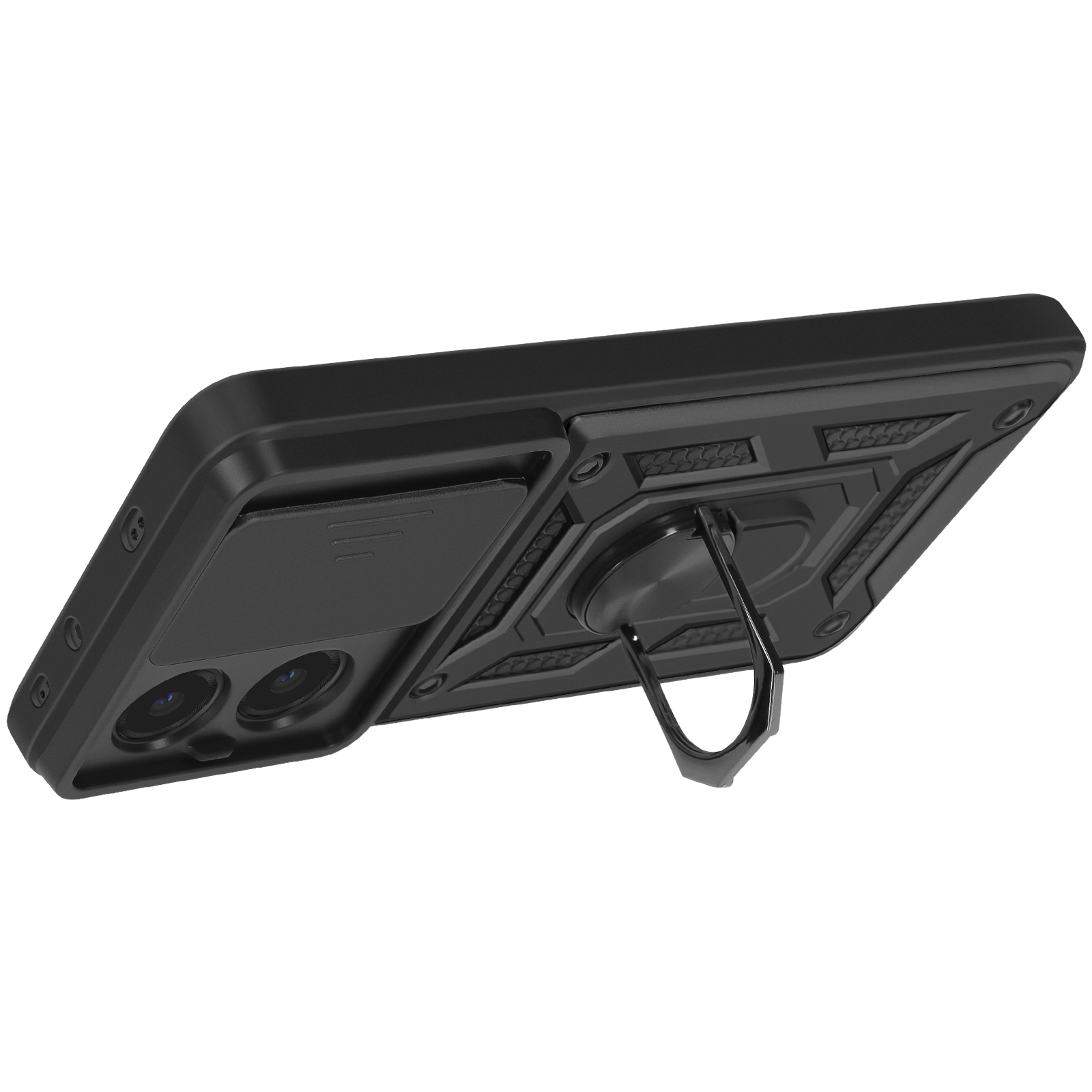 Custodia nera per telefono con supporto ad anello e ritaglio per fotocamera, vista angolata.