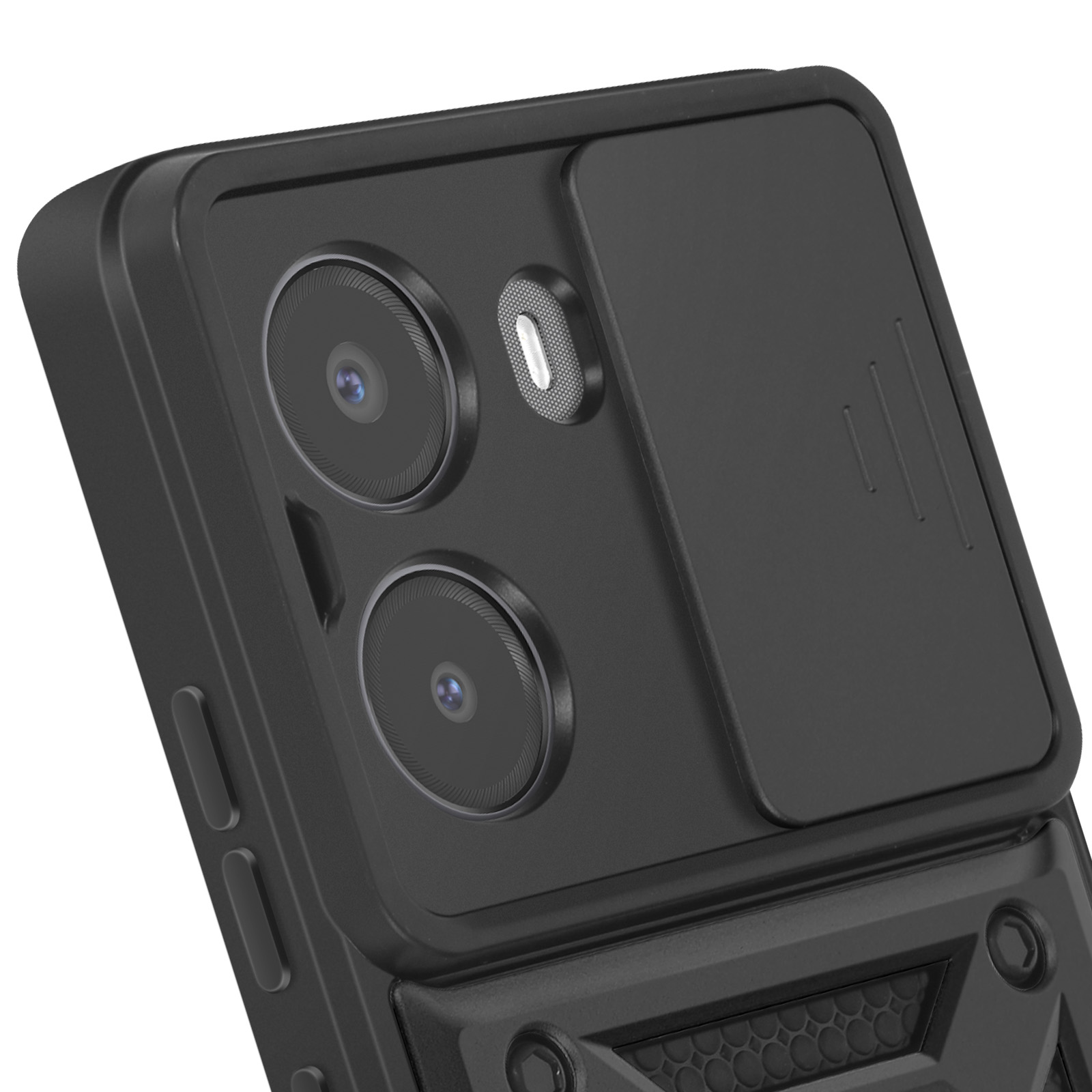 Primo piano di una custodia nera per telefono con doppie lenti della fotocamera e un cursore.