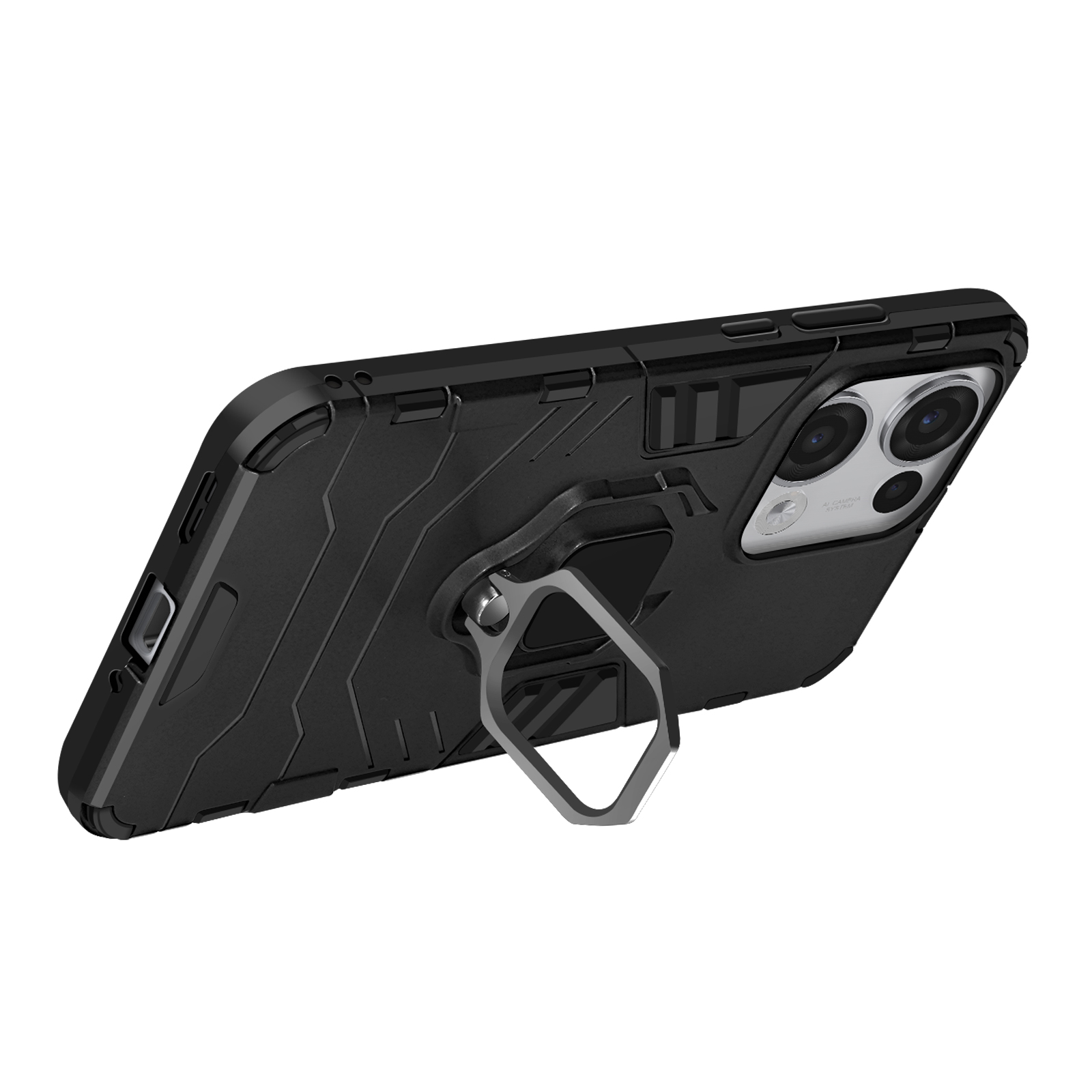 Una custodia per telefono nera con un supporto ad anello.