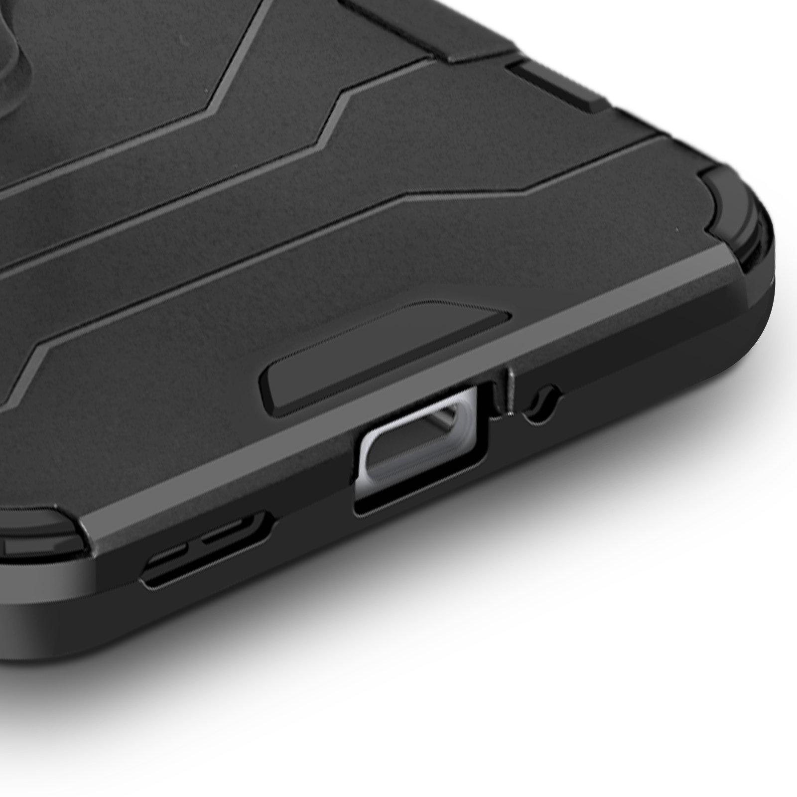 Primo piano di una custodia nera per telefono con una porta USB e altre aperture.