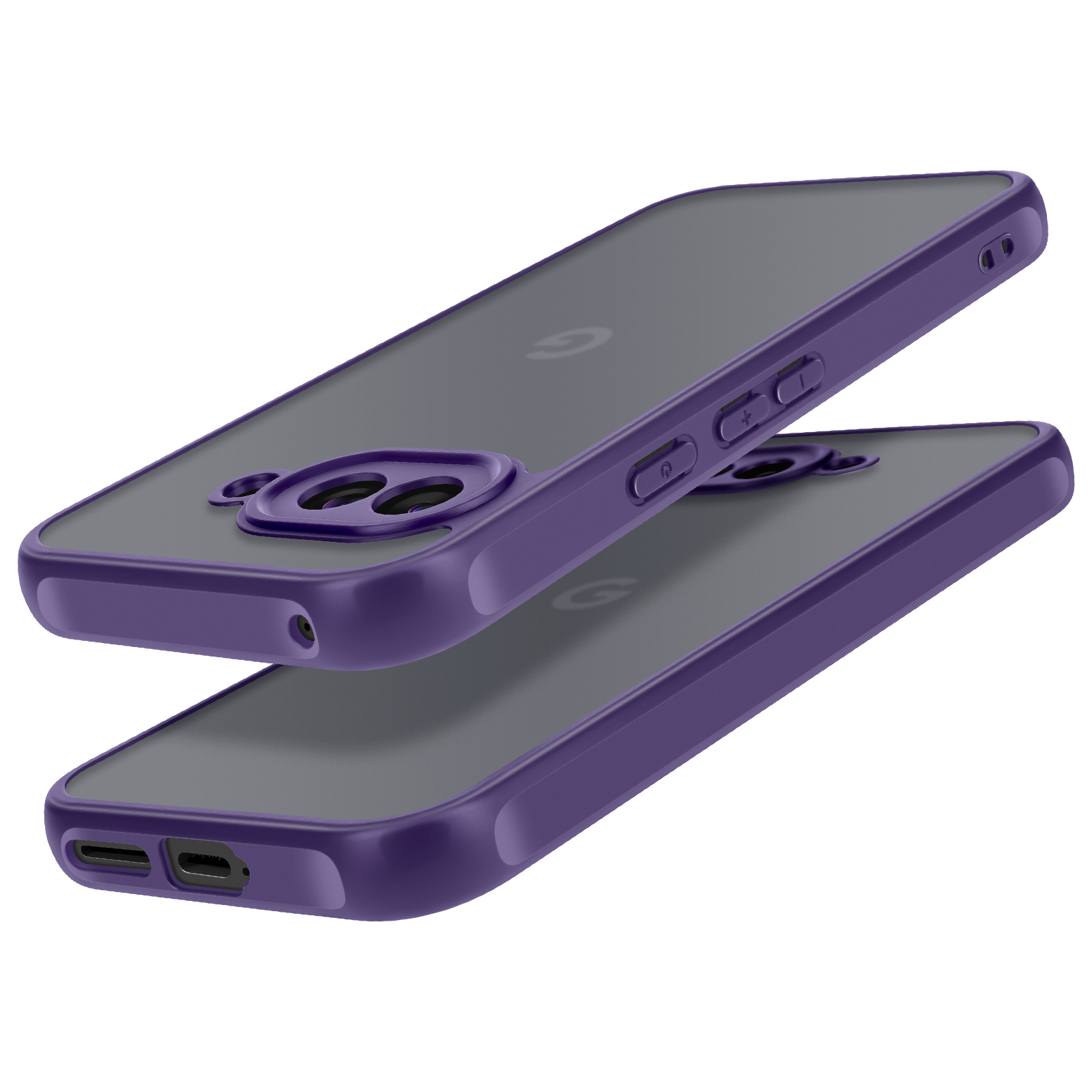Due custodie viola per telefono, una sopra l'altra, con ritaglio per fotocamera e pulsanti.