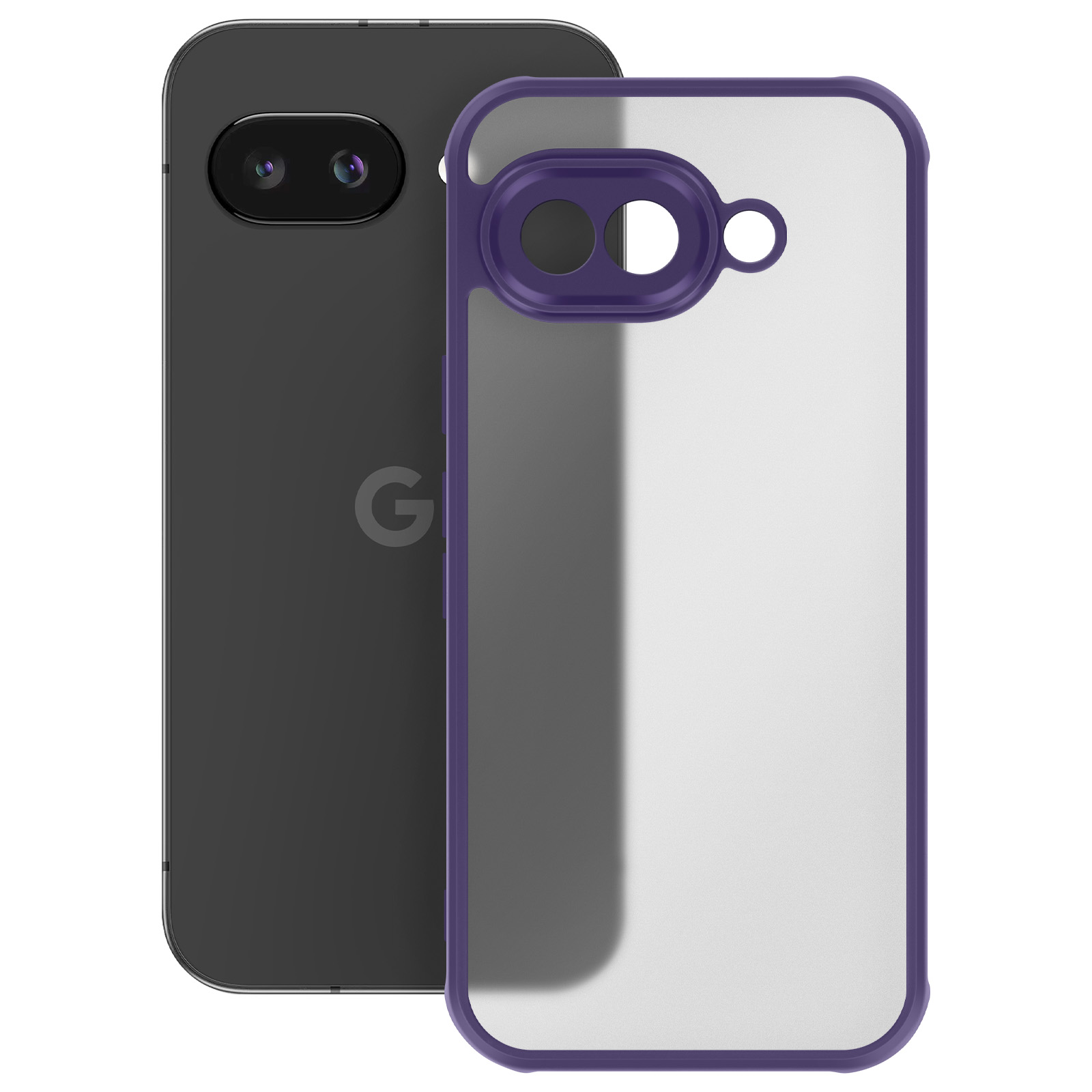 Un telefono nero con custodia viola su una superficie bianca. Il telefono ha una fotocamera e un logo G.