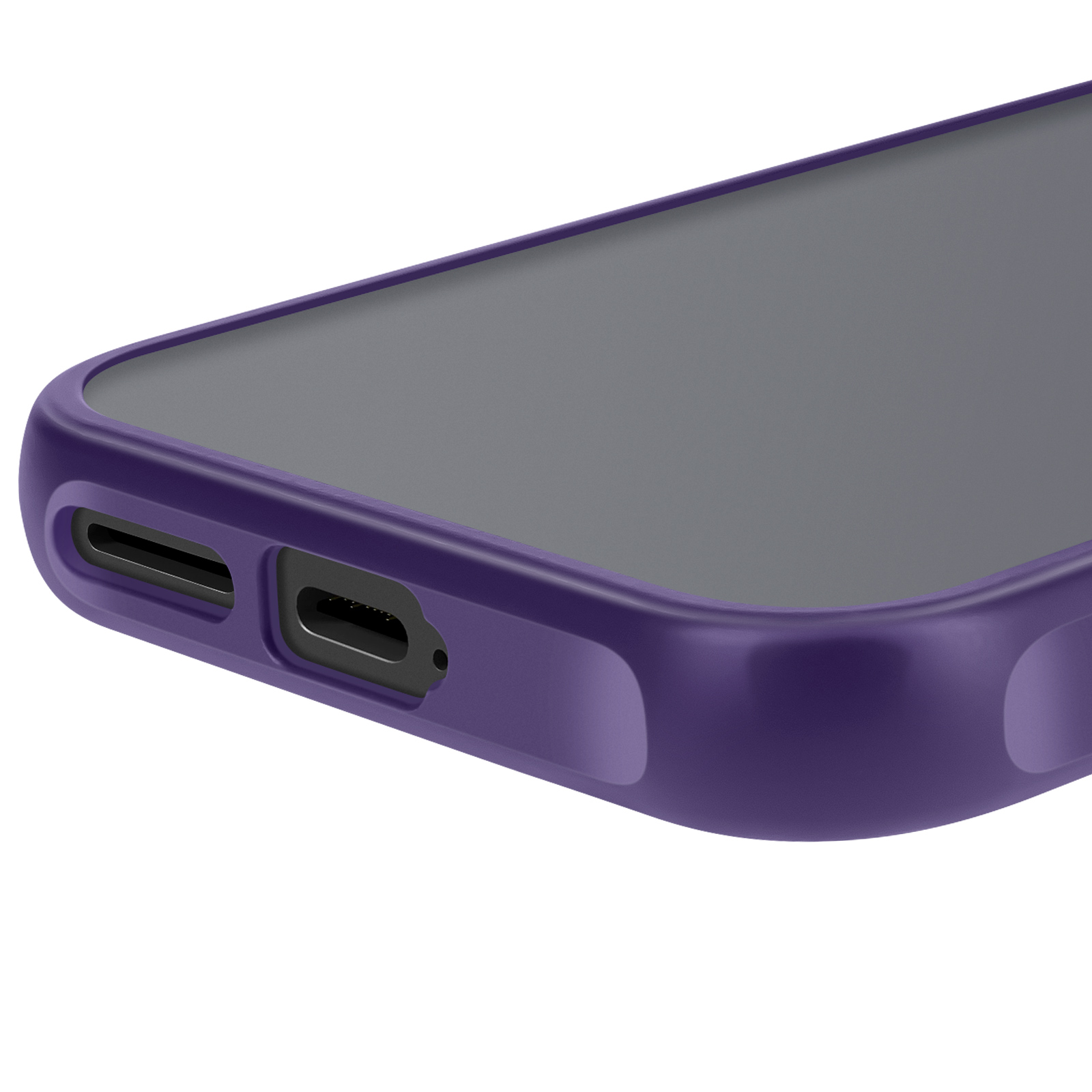 Primo piano di una custodia per telefono viola. Ha una porta di ricarica e una superficie liscia.
