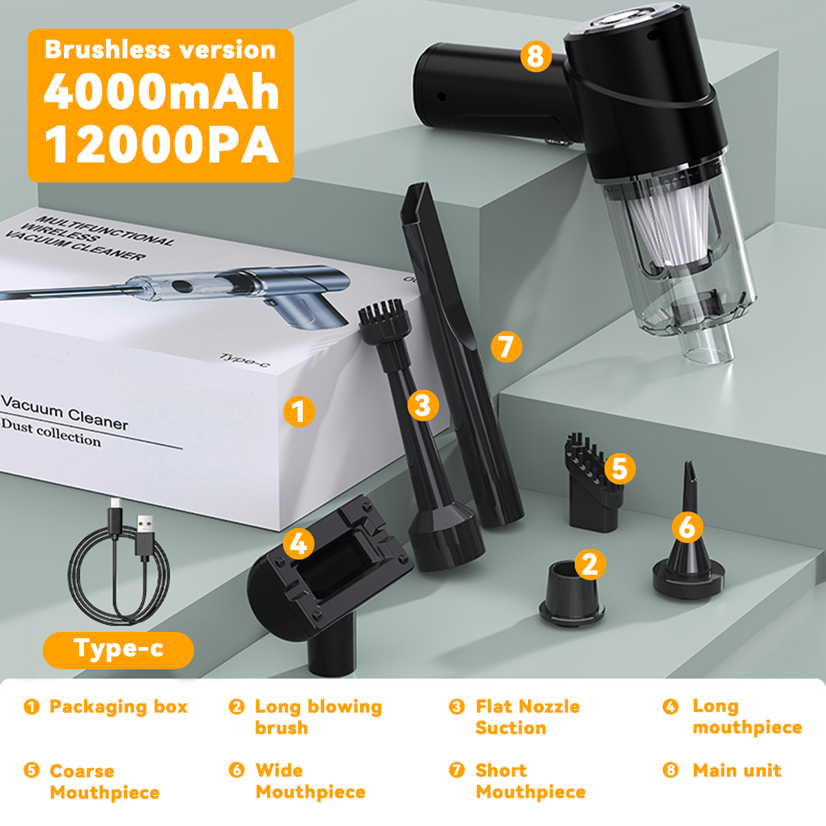 Ein Staubsauger mit mehreren Aufsätzen. Text: Brushless-Version, 4000mAh, 12000PA, Typ-c.