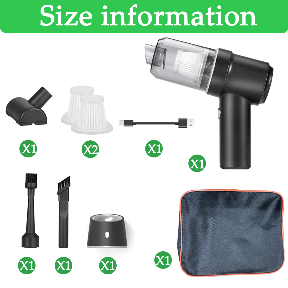 Staubsauger-Kit mit Zubehör: Bürstenköpfe, Filter, USB-Kabel und eine Tasche.