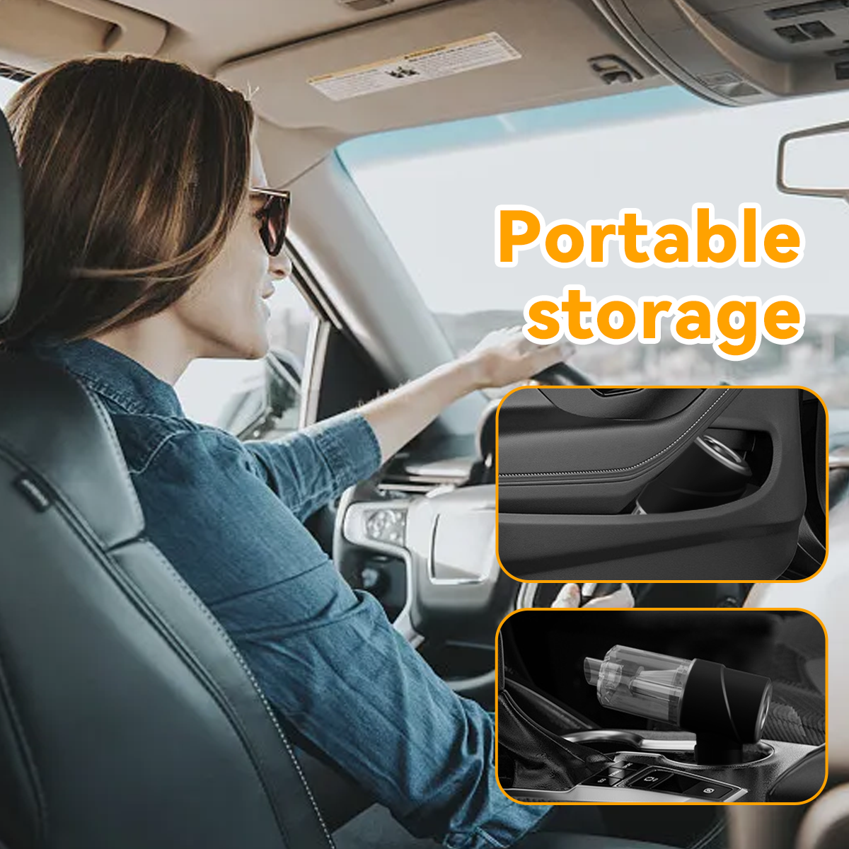 Frau fährt Auto, mit Text 'Portable Storage' und Bildeinfügungen von Autodetails.