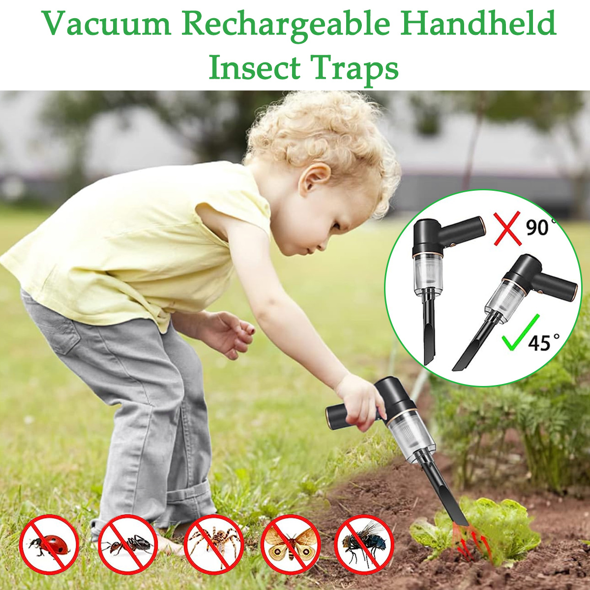 Ein Kind benutzt Insektenfallen auf Pflanzen, mit 'Vacuum Rechargeable Handheld Insect Traps' oben.