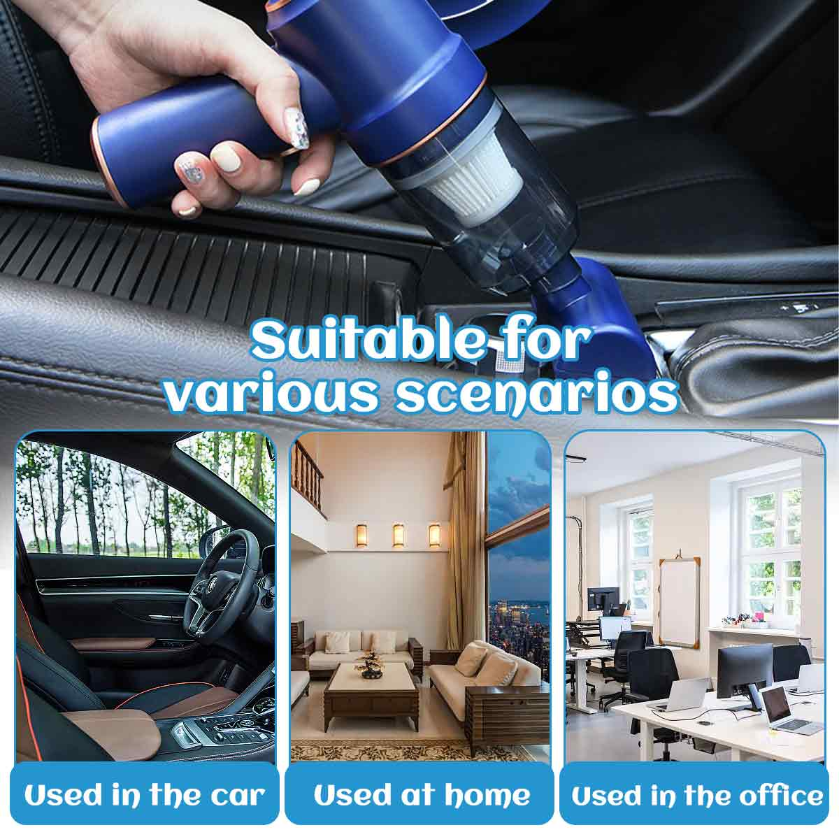 Ein kabelloser Staubsauger, der in einem Auto, zu Hause und im Büro verwendet wird. Der Staubsauger ist blau und silber.