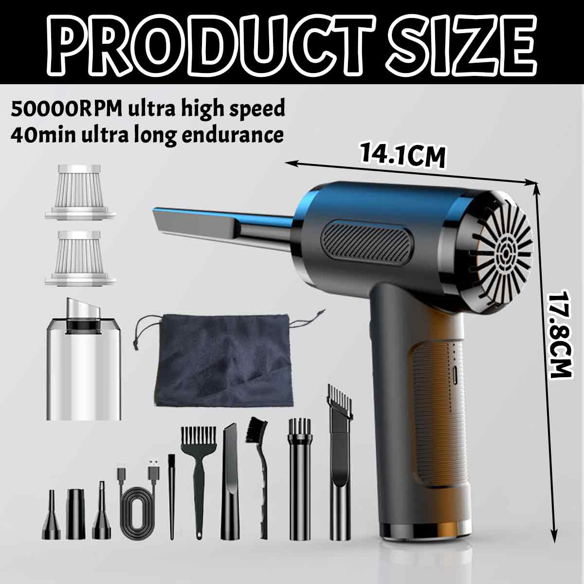 Schwarzer Handstaubsauger mit Zubehör. Produktdetails. Weißer Hintergrund.