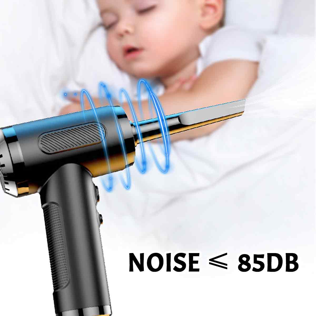 Ein Gerät, das Luft in der Nähe eines schlafenden Babys bläst. Text: Geräusch <lt/>= 85 dB. Blaue Wellenlinien um das Gerät.