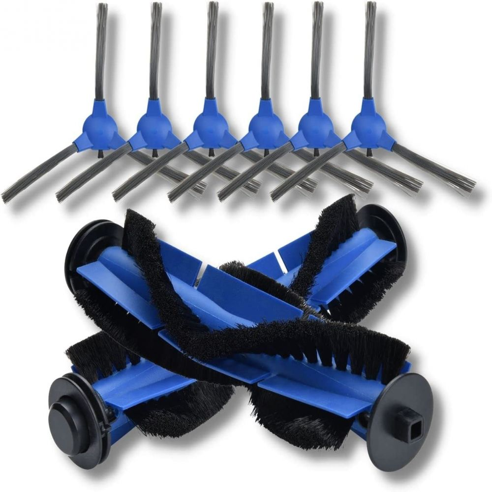 Roboter-Staubsauger-Bürsten. Blaue und schwarze Bürsten. Die Draufsicht zeigt sechs kleine Bürsten. Die Unteransicht zeigt zwei große.