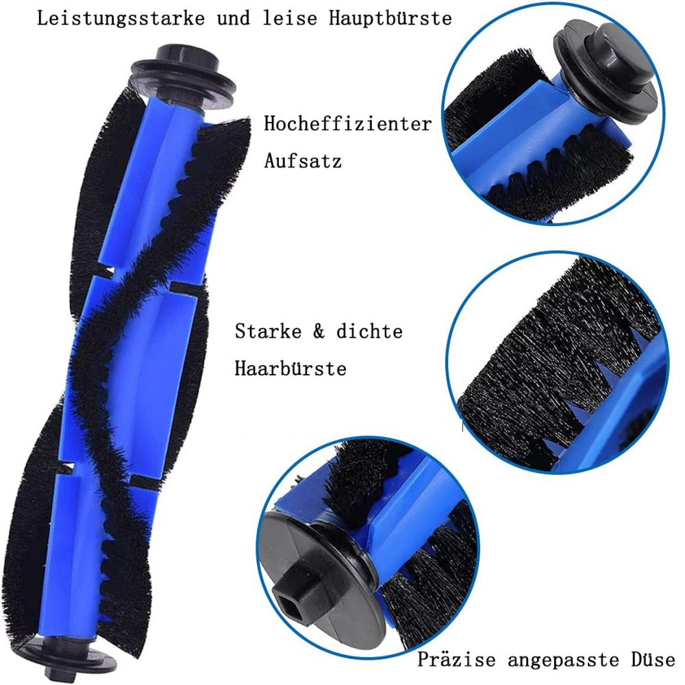 Roboter-Staubsauger-Bürstenteile. Blaue Borsten auf einem schwarz-blauen Kunststoffrahmen.