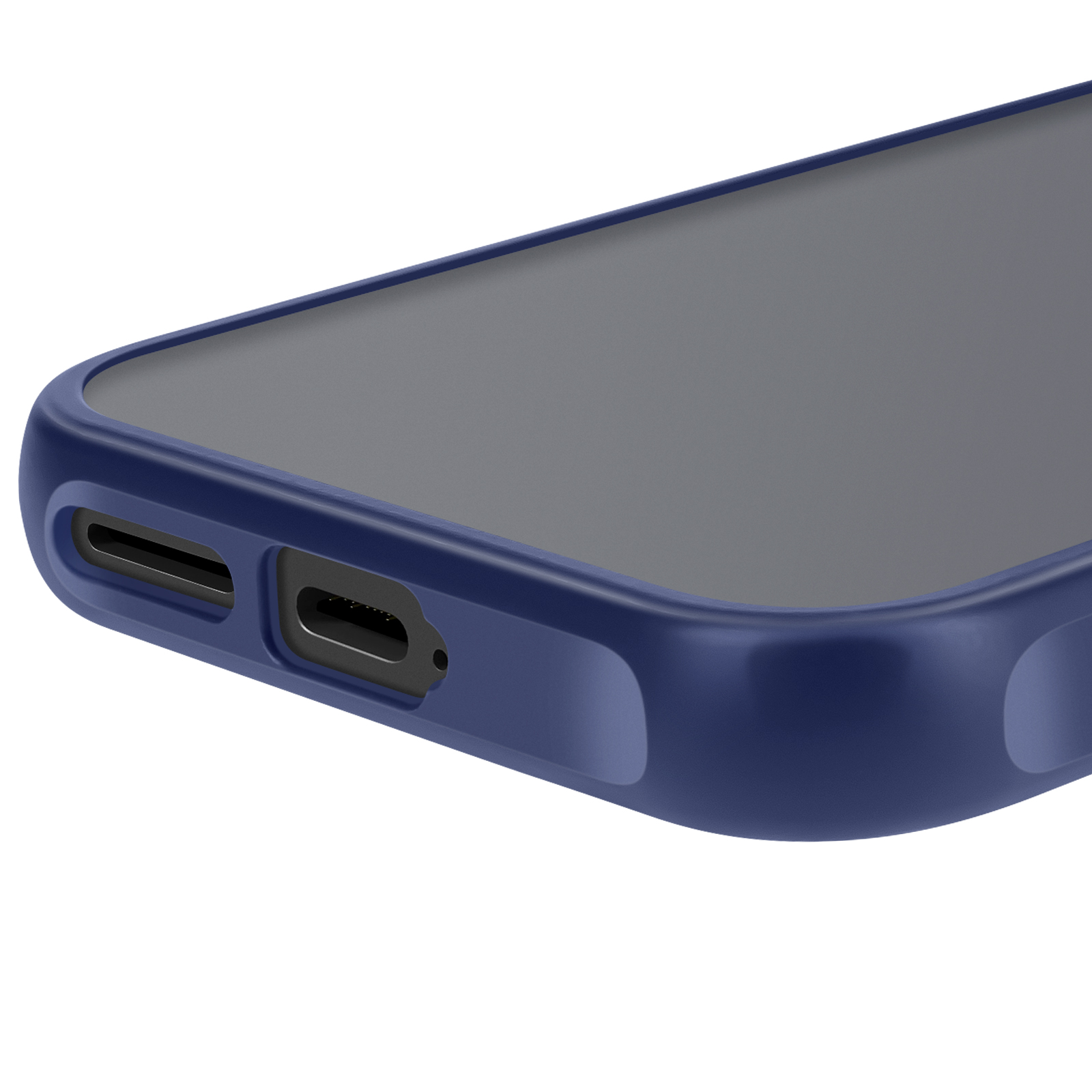 Een close-up van een blauwe telefoonhoes met oplaadpoort.