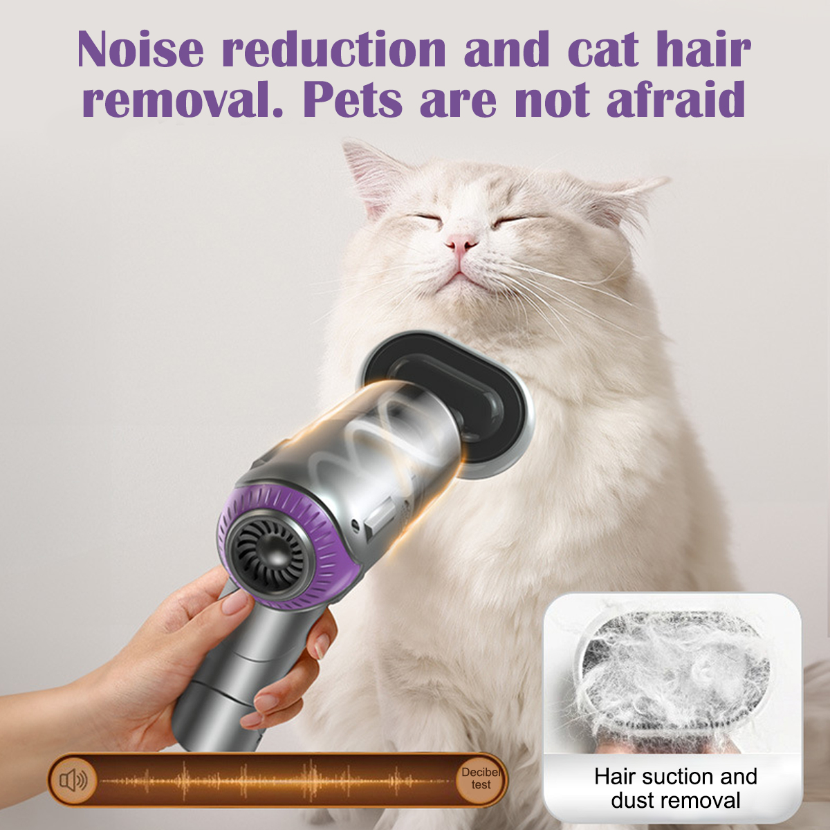 Eine weiße Katze wird mit einem Handgerät gesaugt. Text sagt 'Geräuschreduzierung' und 'Haarentfernung'.