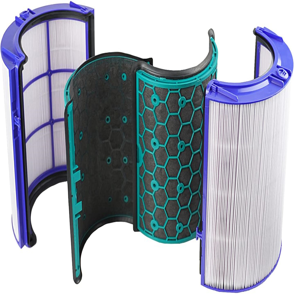 Filter für einen Luftreiniger. Die Filter sind blau und weiß, mit einem schwarzen Filter in der Mitte.