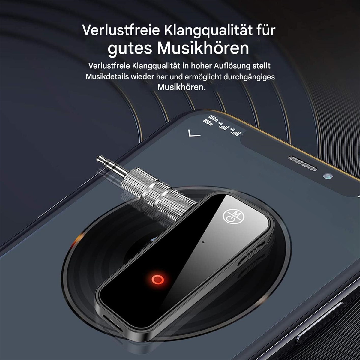 Ein schwarzes Gerät mit rotem Licht, das an ein Telefon angeschlossen ist, auf einer Schallplatte.