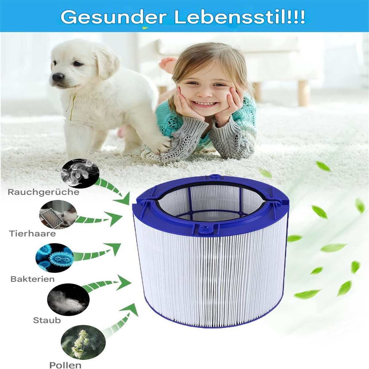 Kind und Welpe neben Luftfilter. Diagramme zeigen die Entfernung von Rauch, Tierhaaren, Bakterien, Staub und Pollen.