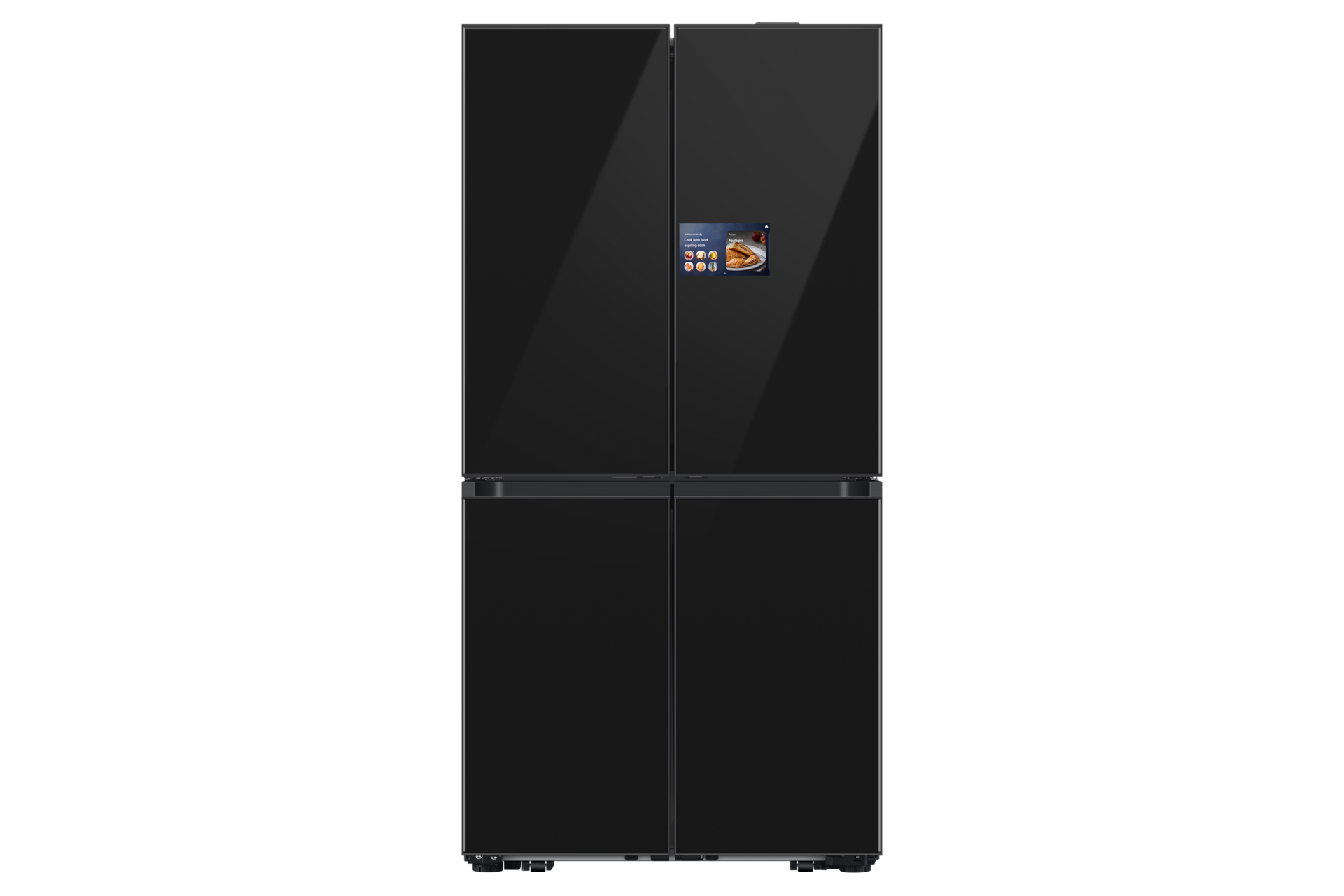 Czarna, czterodrzwiowa lodówka Samsung. Widoczny mały ekran. Tło jest czarne.