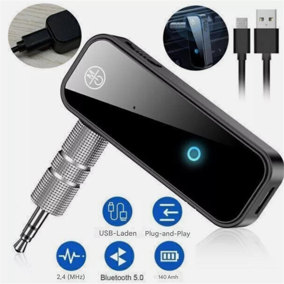 Schwarzes Bluetooth-Gerät mit USB- und Audio-Klinkensteckern. Symbole zeigen Funktionen. Weißer Hintergrund.