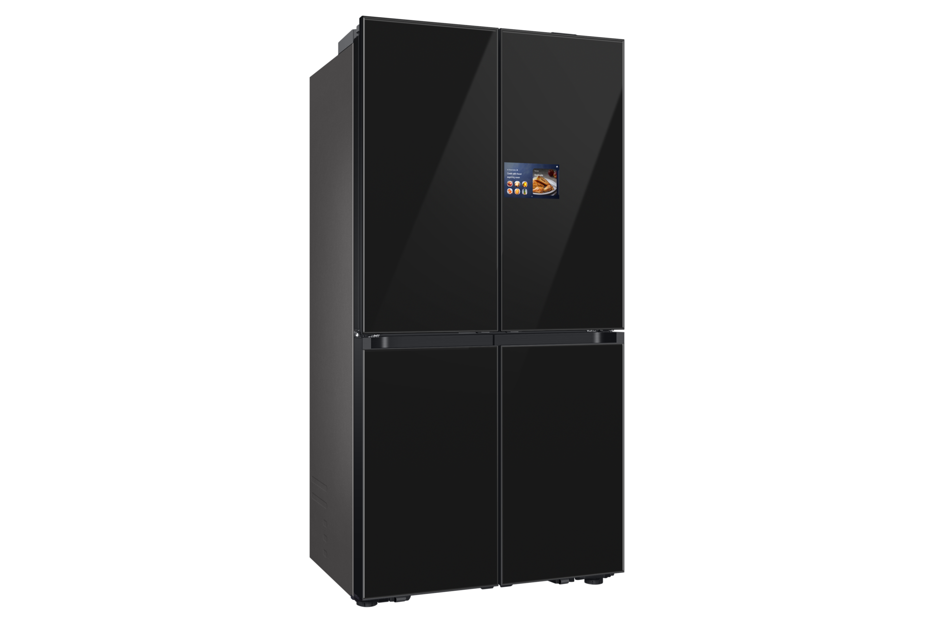 Czarna lodówka z czterema drzwiami, z ekranem na jednych drzwiach, na czarnym tle.