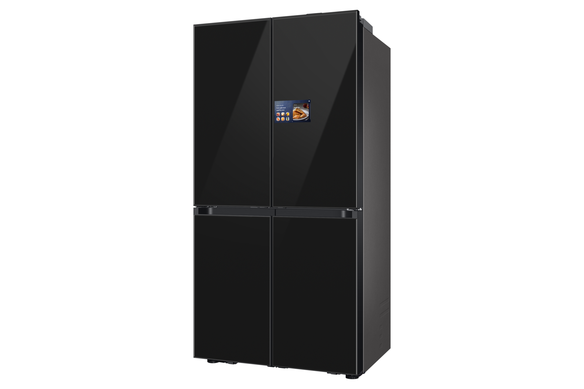 Czarna czterodrzwiowa lodówka na czarnym tle. Ma ekran na drzwiach.