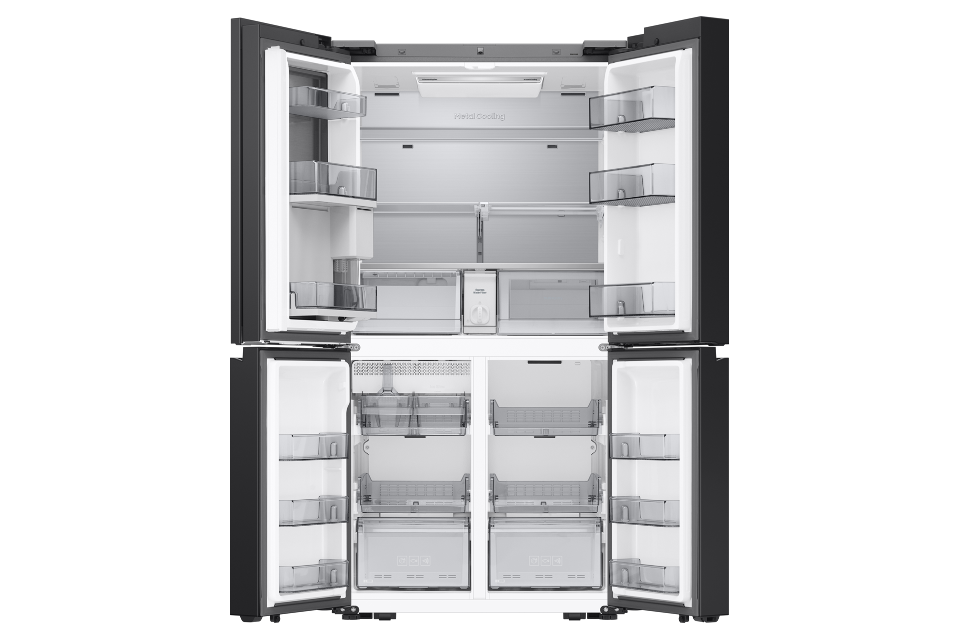 Otwarta czarna lodówka z uporządkowanymi półkami i szufladami.