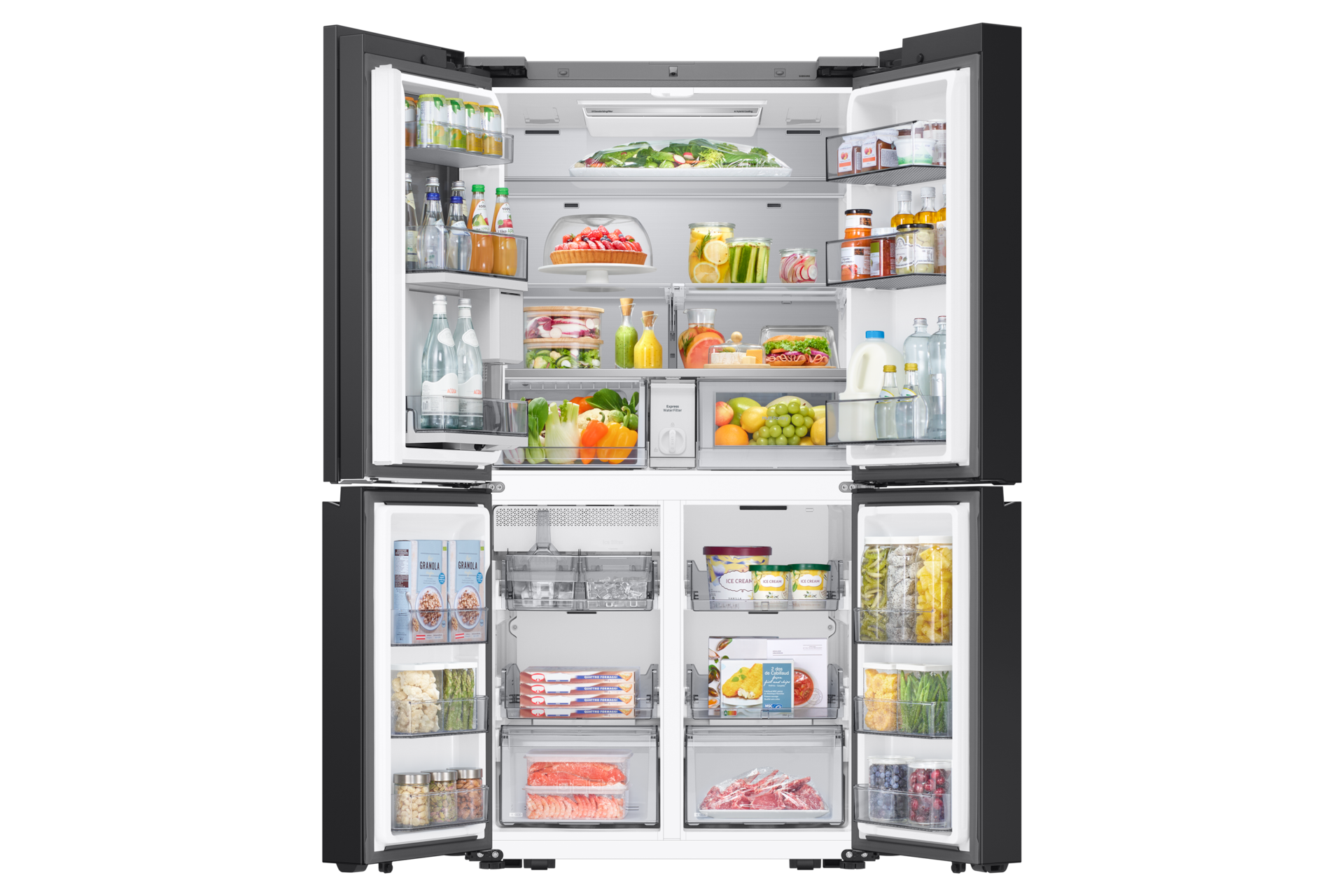 Czarna lodówka z otwartymi drzwiami, wypełniona jedzeniem i napojami. Uporządkowane półki i szuflady.