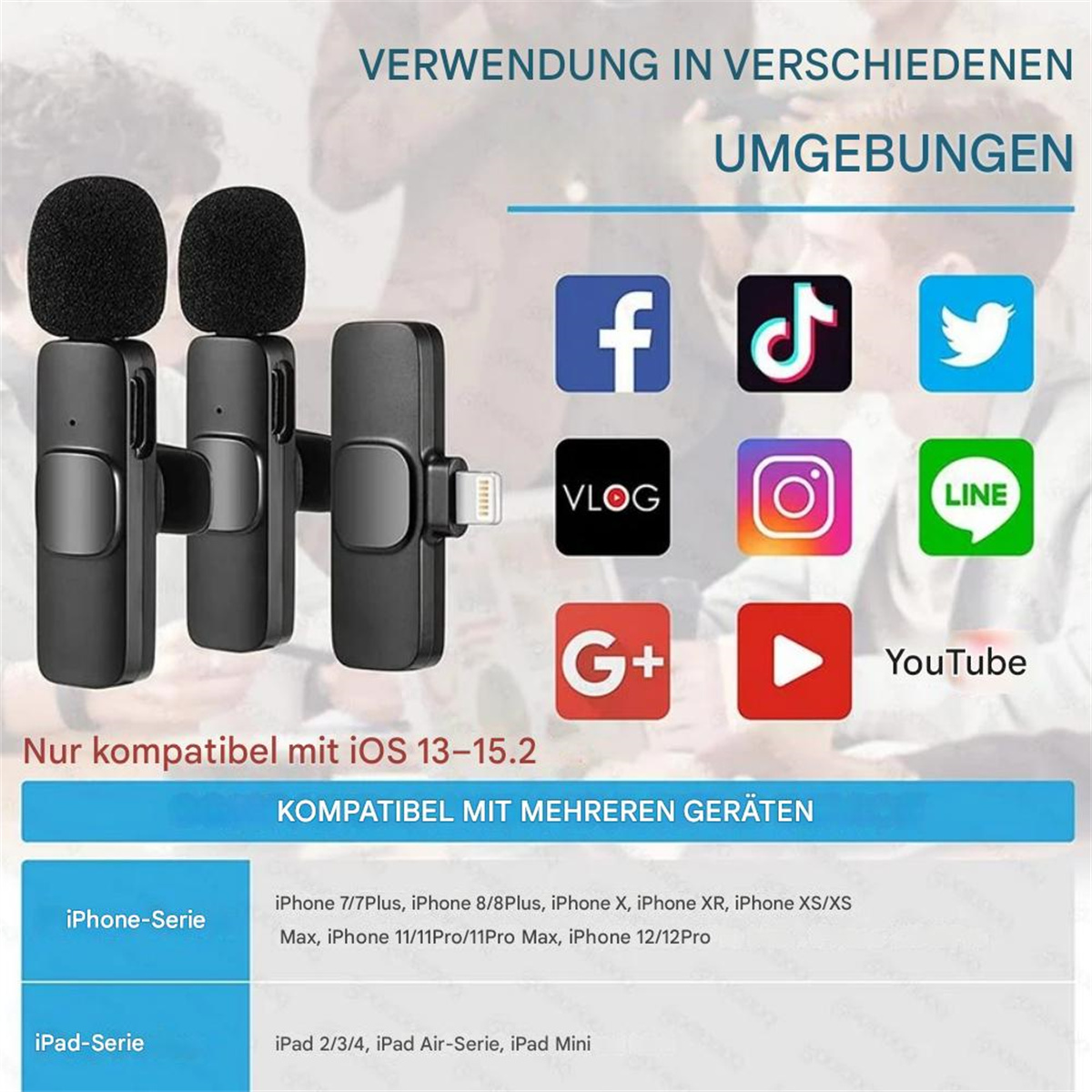 Drahtlose Mikrofone mit Social-Media-Symbolen wie Facebook, Instagram und YouTube.