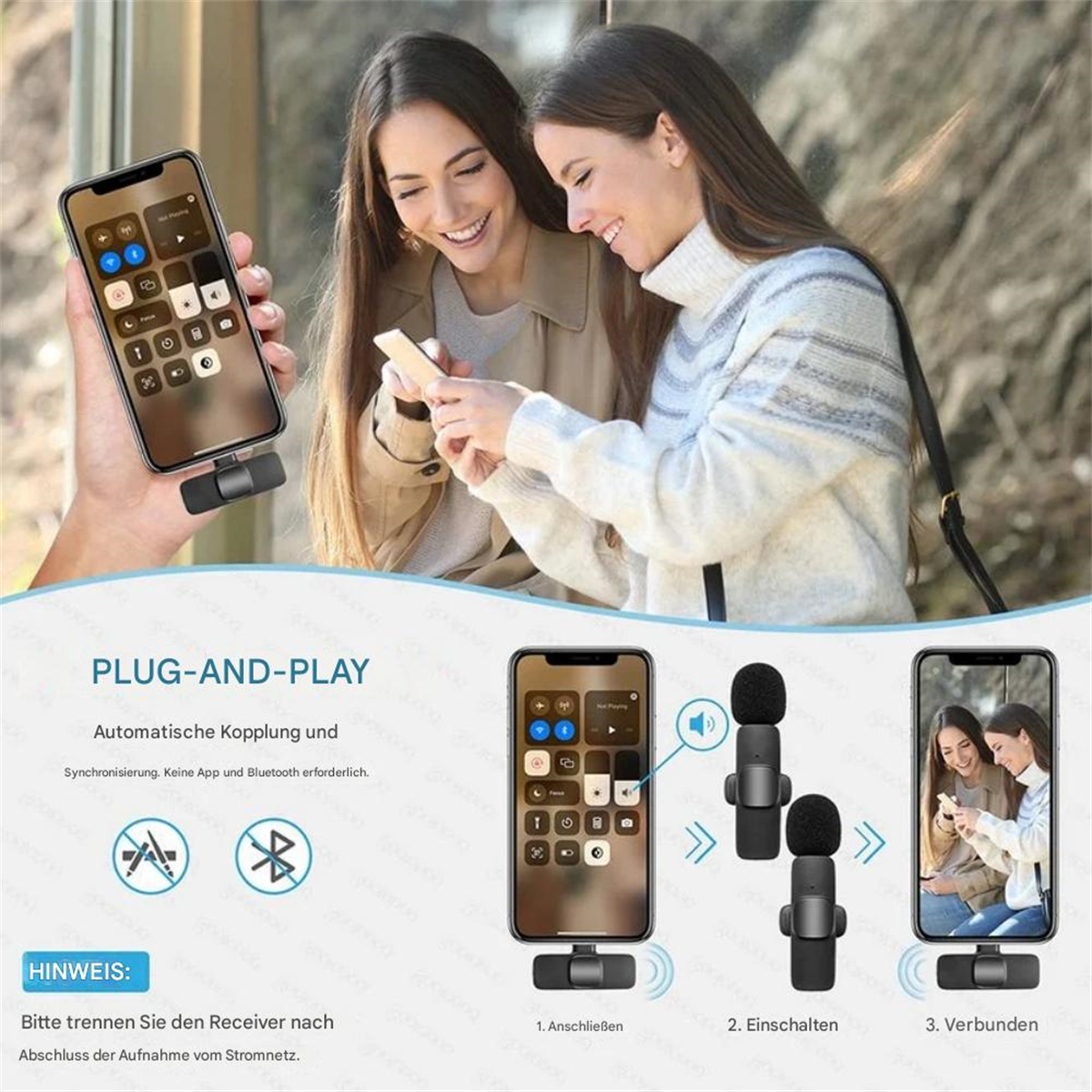 Zwei Frauen benutzen Mikrofone und Smartphones. Produktaufnahmen von Mikrofon und Telefon, Anweisungen.