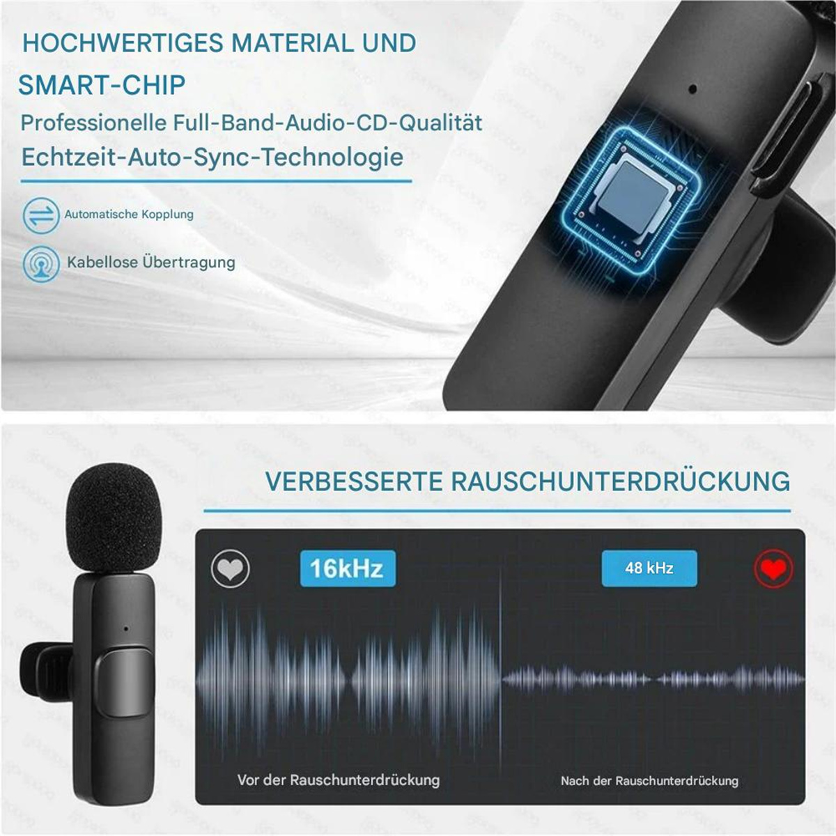Ein drahtloses Mikrofon mit Rauschunterdrückungsfunktionen. Ein Diagramm zeigt die Schallwellen.