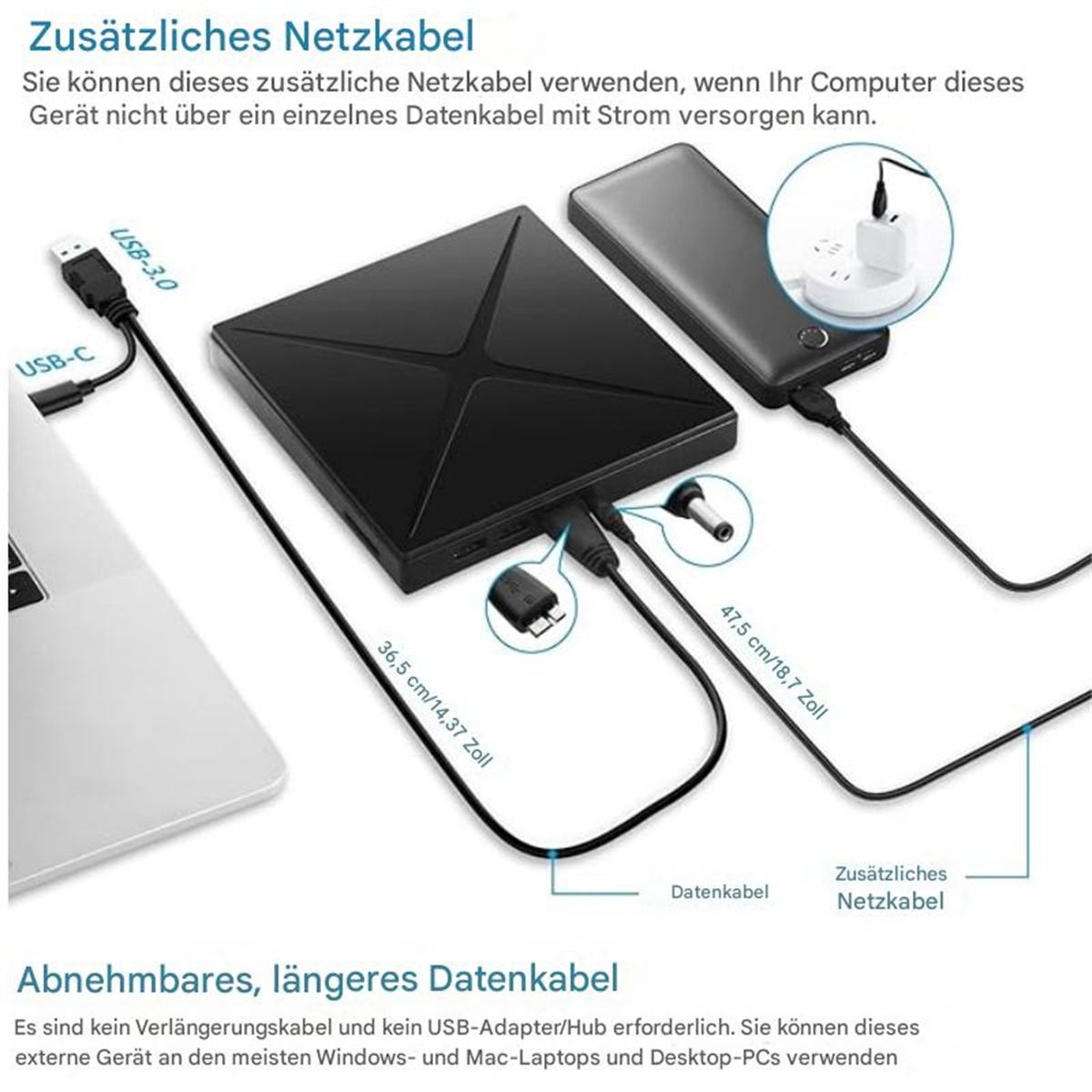 Schwarzes Gerät mit Kabeln, die an einen Laptop, eine Powerbank und eine Steckdose angeschlossen sind.