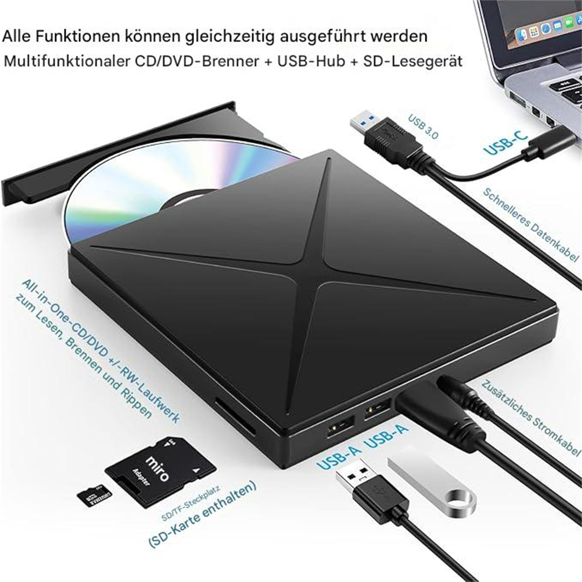 Schwarzer All-in-One-CD/DVD-Brenner mit USB- und SD-Kartensteckplätzen, mit Kabeln und Geräten.