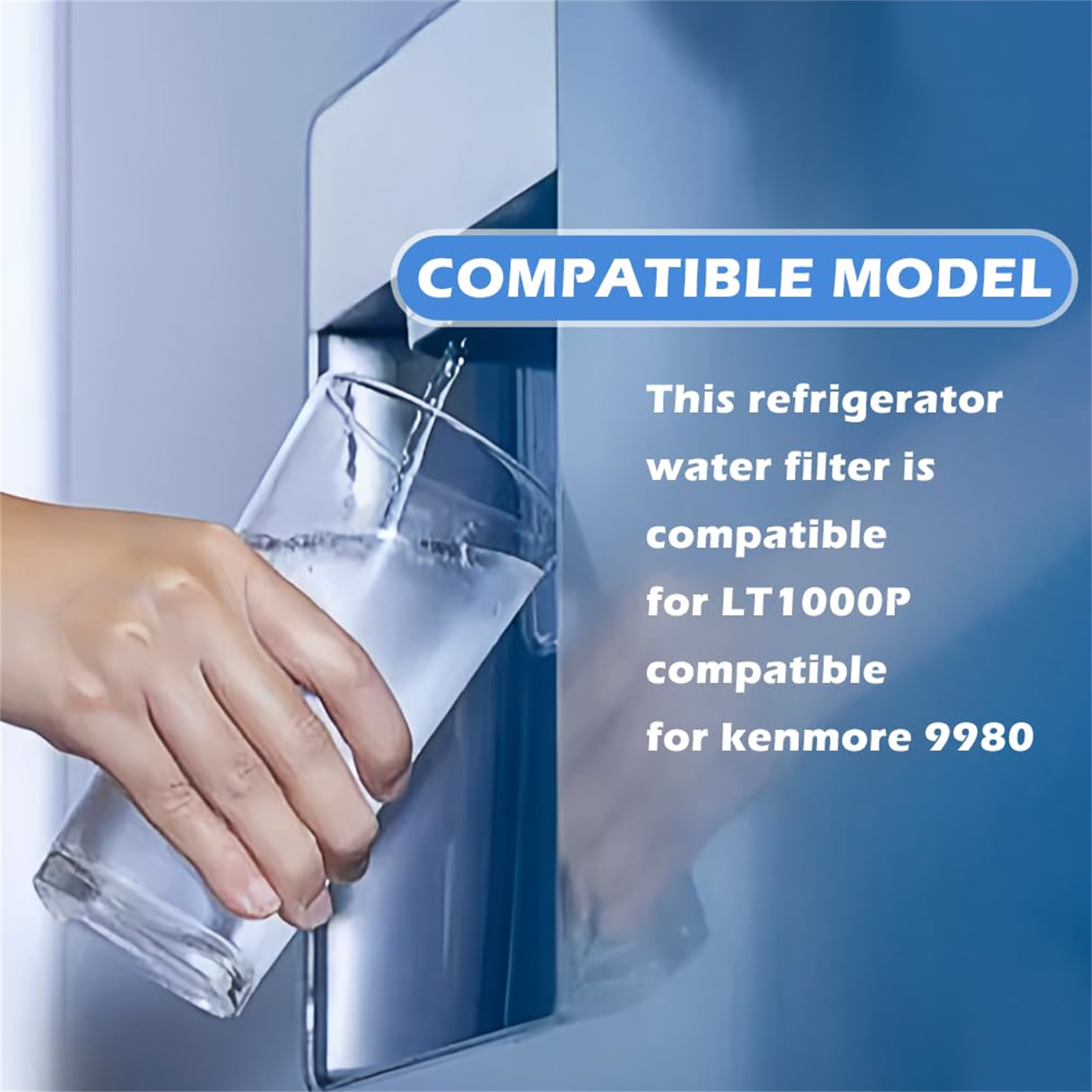 Eine Hand gießt Wasser aus einem Wasserspender eines Kühlschranks in ein Glas. Der Text lautet: Kompatibles Modell.
