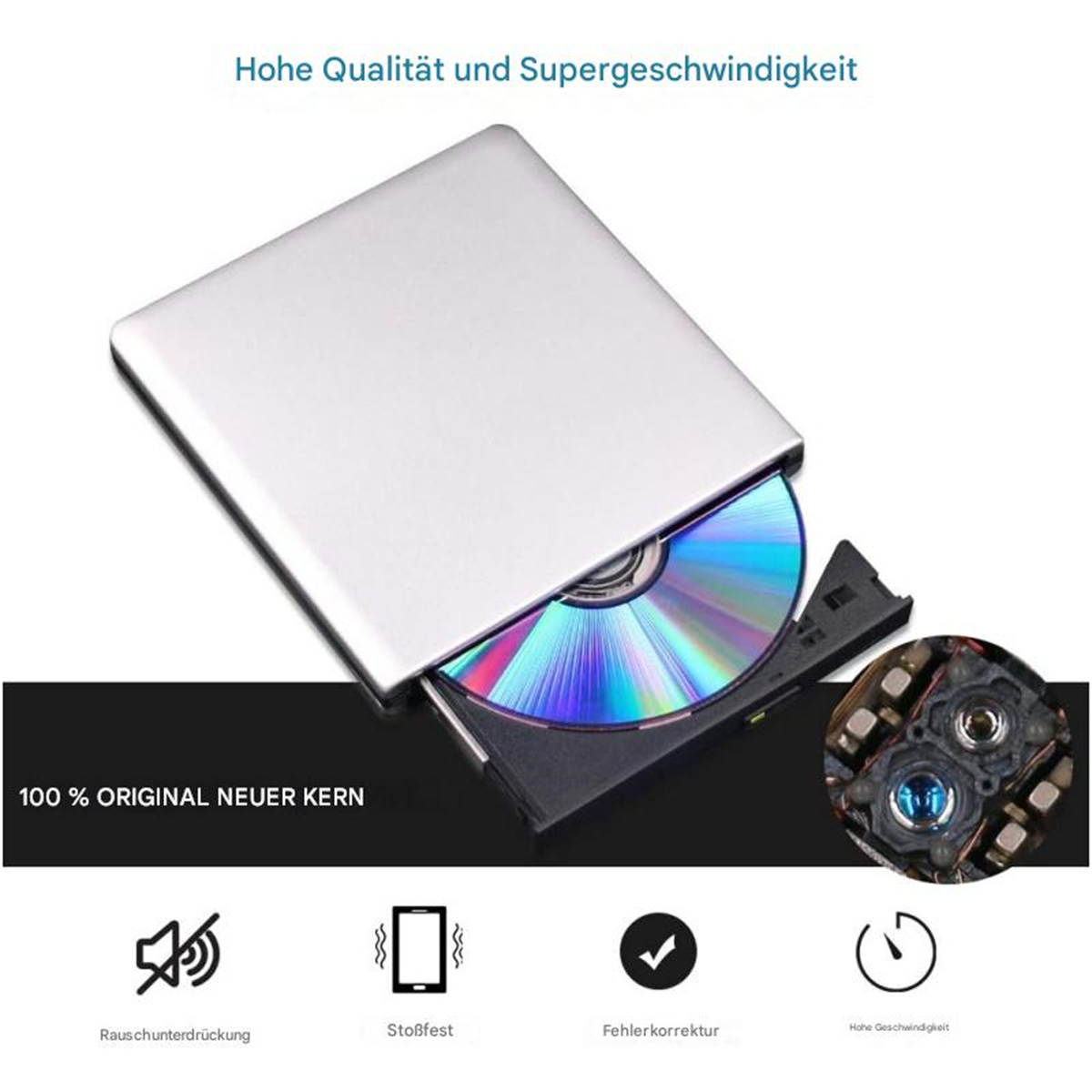 Ein silbernes, tragbares CD/DVD-Laufwerk mit einer Disc im Inneren und zusätzlichen Details.