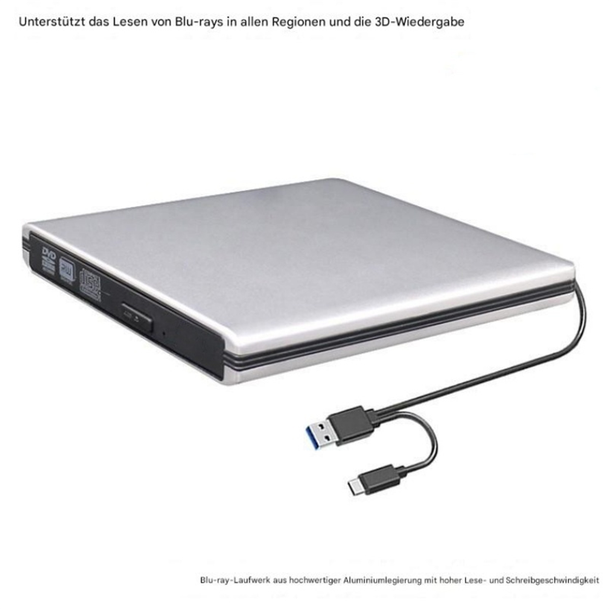 Silbernes DVD-Laufwerk. Ein silbernes DVD-Laufwerk mit USB-Kabel und Anschluss.