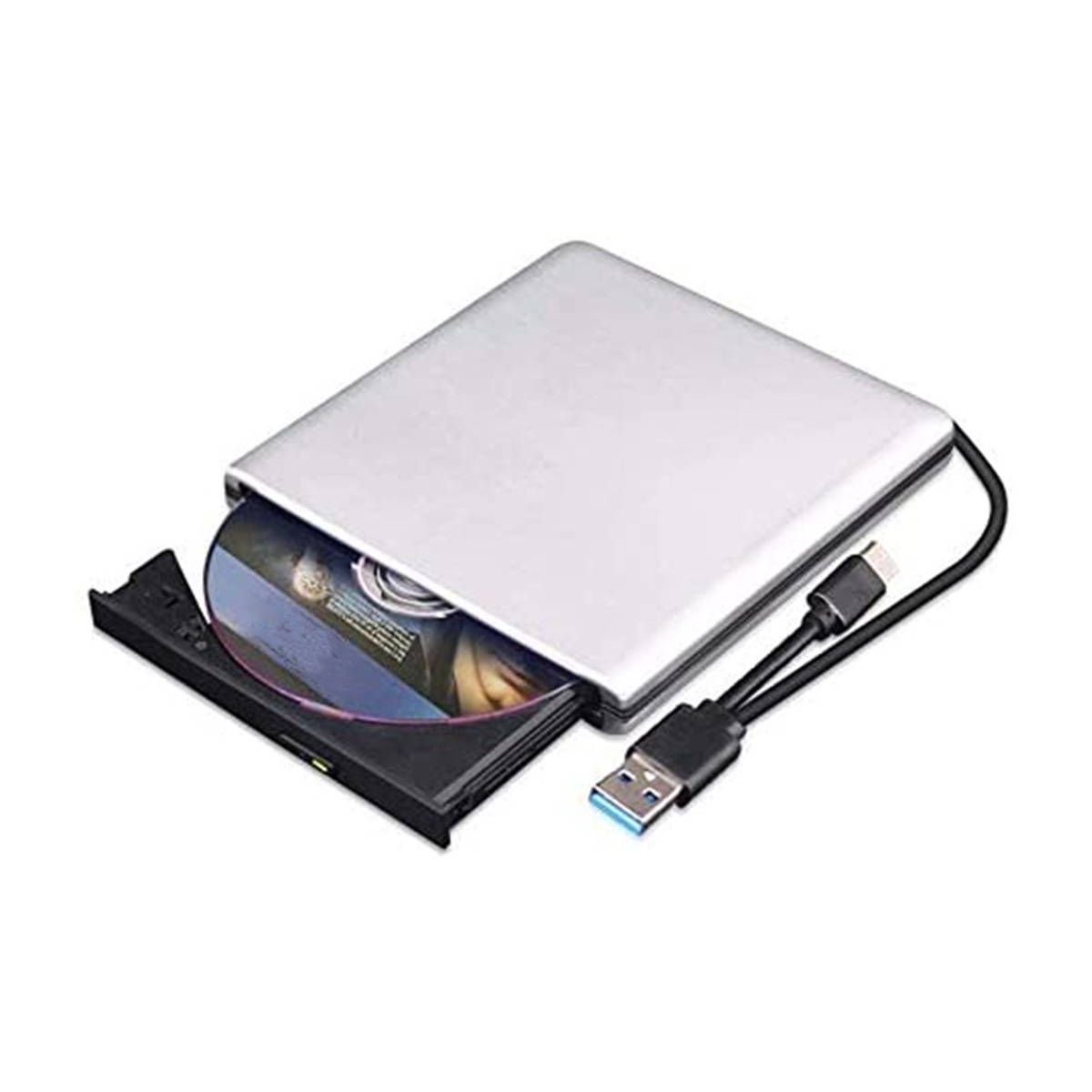 Silbernes externes CD/DVD-Laufwerk mit offenem Fach, das eine Disc und einen USB-Kabelanschluss enthält.